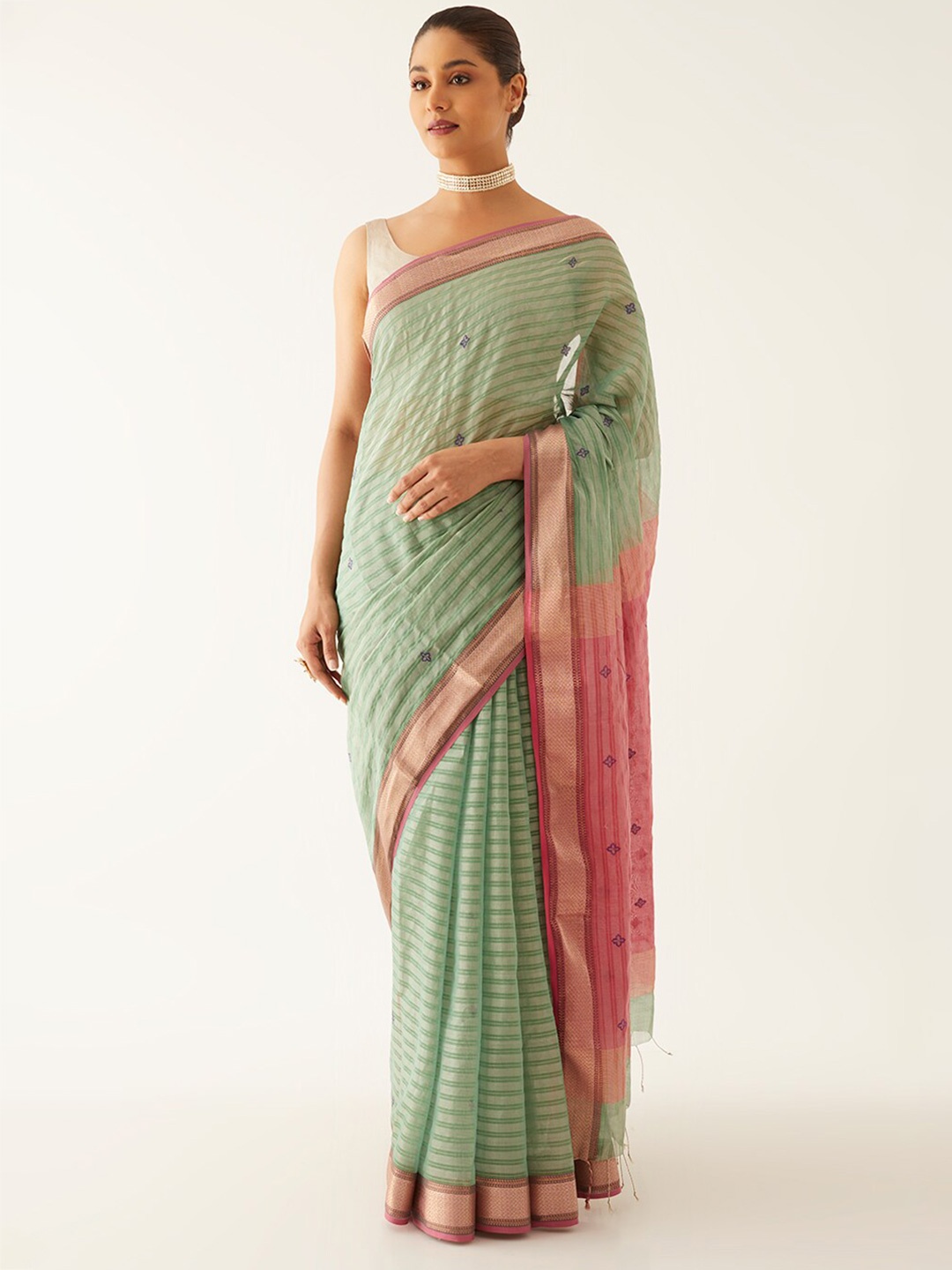 

Taneira Striped Zari Tissue Maheshwari Saree, Green