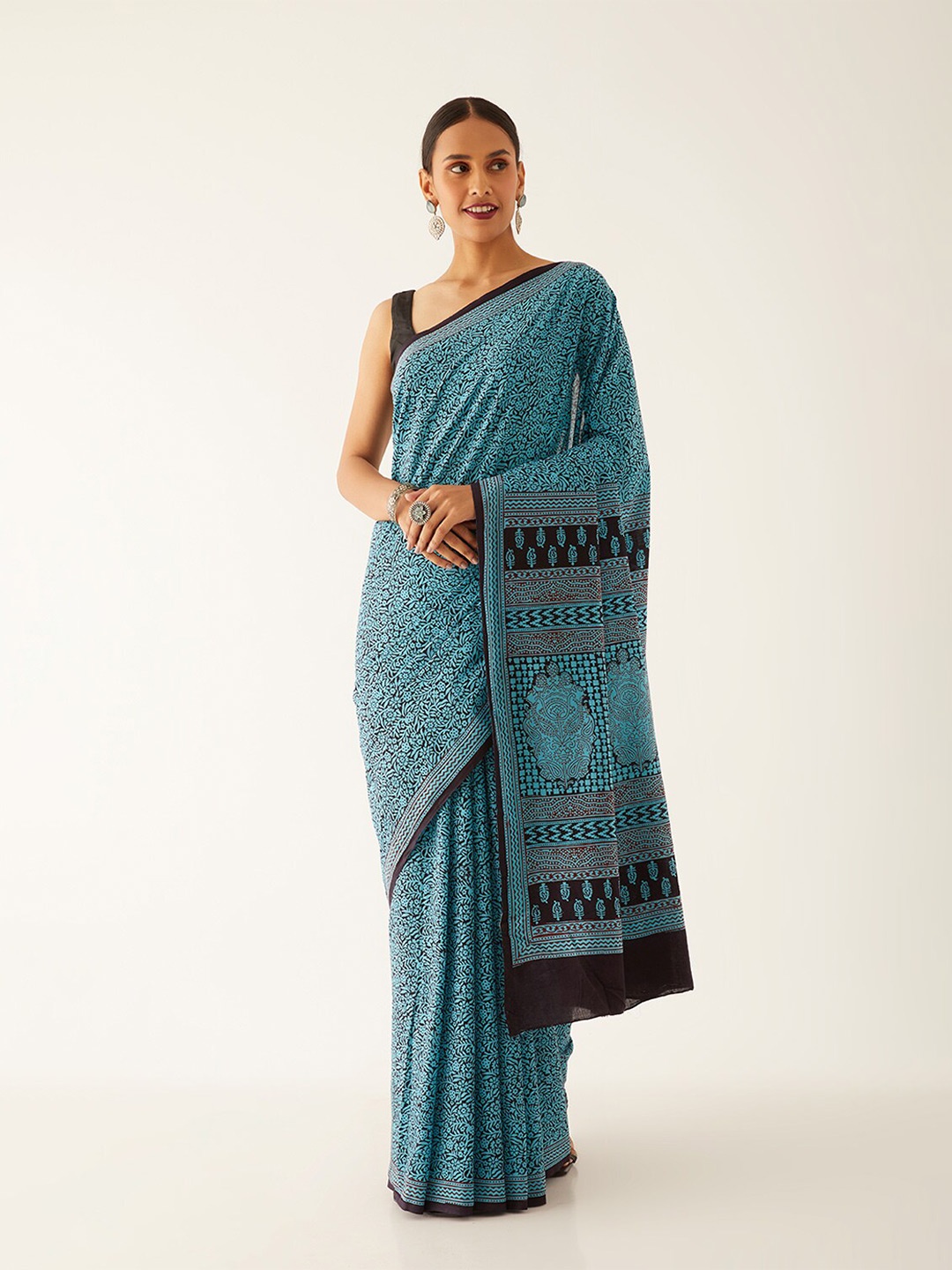 

Taneira Floral Printed Pure Cotton Bagh Saree, Blue