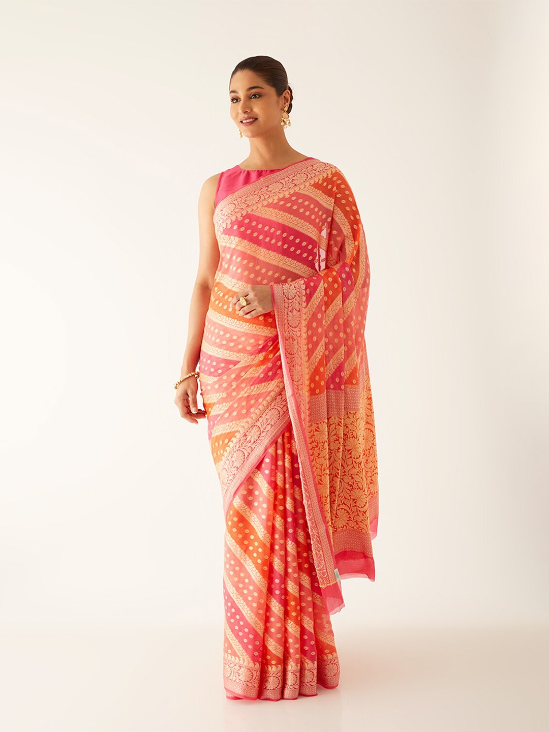 

Taneira Ethnic Woven Design Zari Pure Georgette Banarasi Saree, Pink