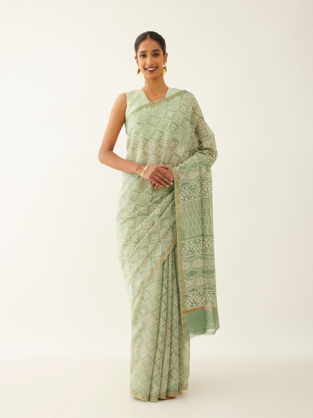 

Taneira Dabu Printed Zari Silk Cotton Bagru Saree, Green