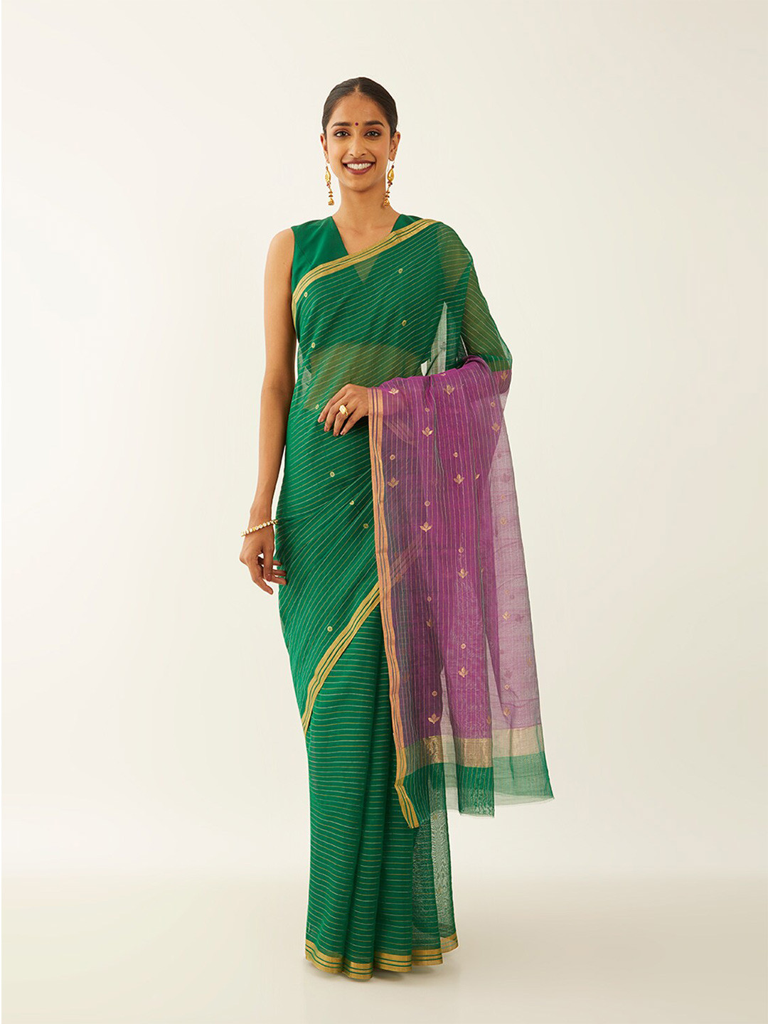 

Taneira Striped Zari Silk Cotton Chanderi Saree, Green