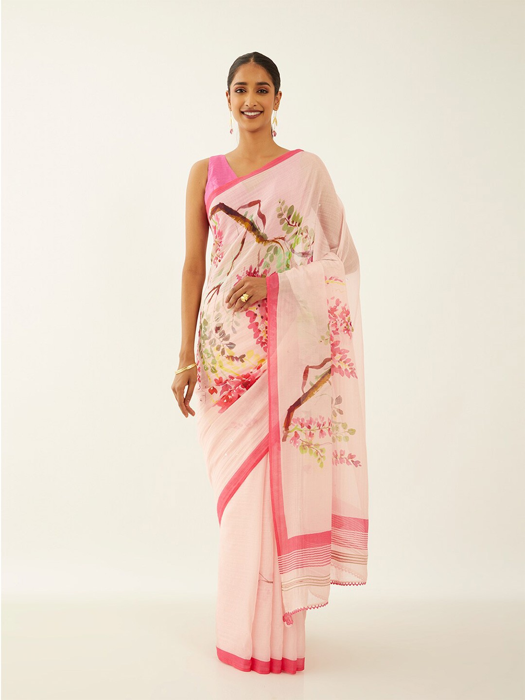 

Taneira Floral Printed Silk Cotton Saree, Pink