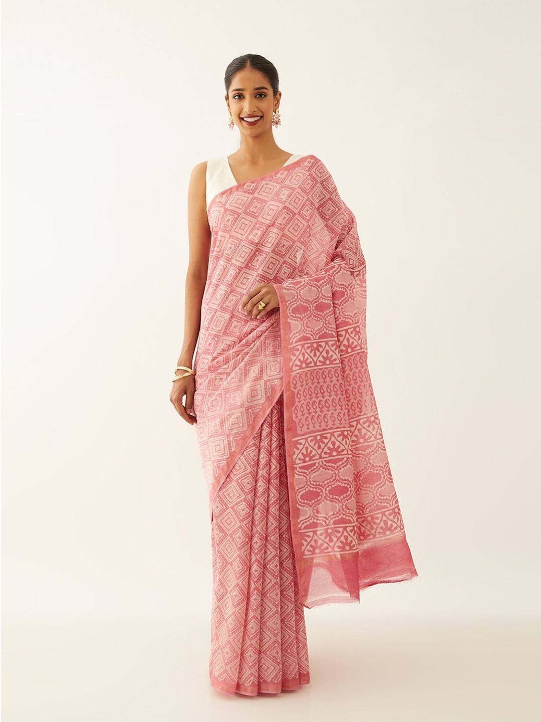 

Taneira Dabu Printed Silk Cotton Bagru Saree, Pink