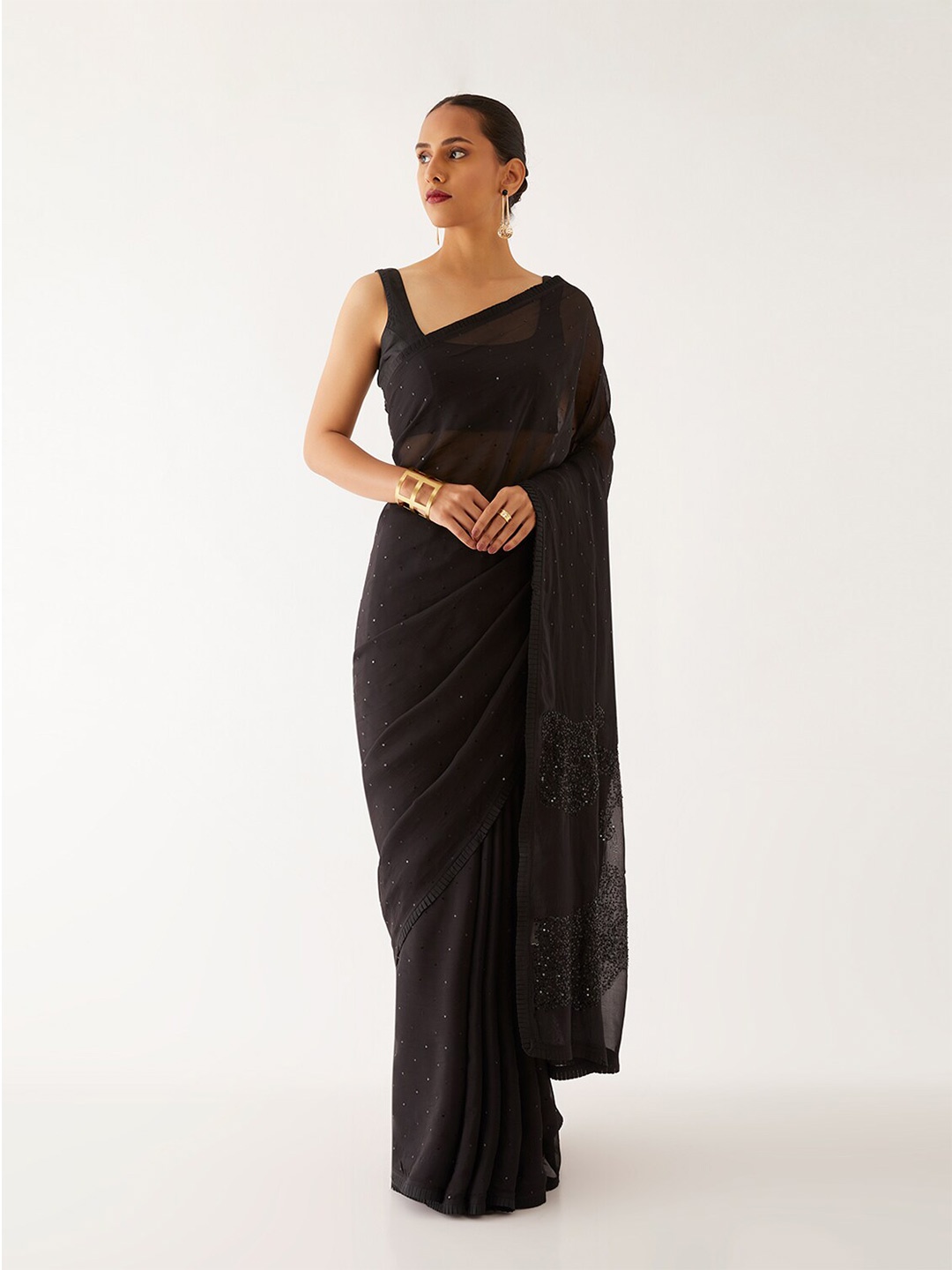 Taneira Embellished Semi Sheer Saree, Black