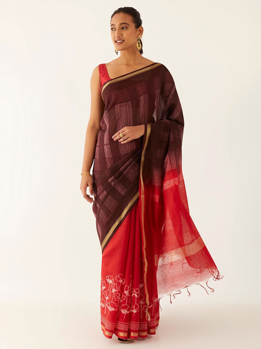 

Taneira Striped Zari Silk Cotton Saree, Brown