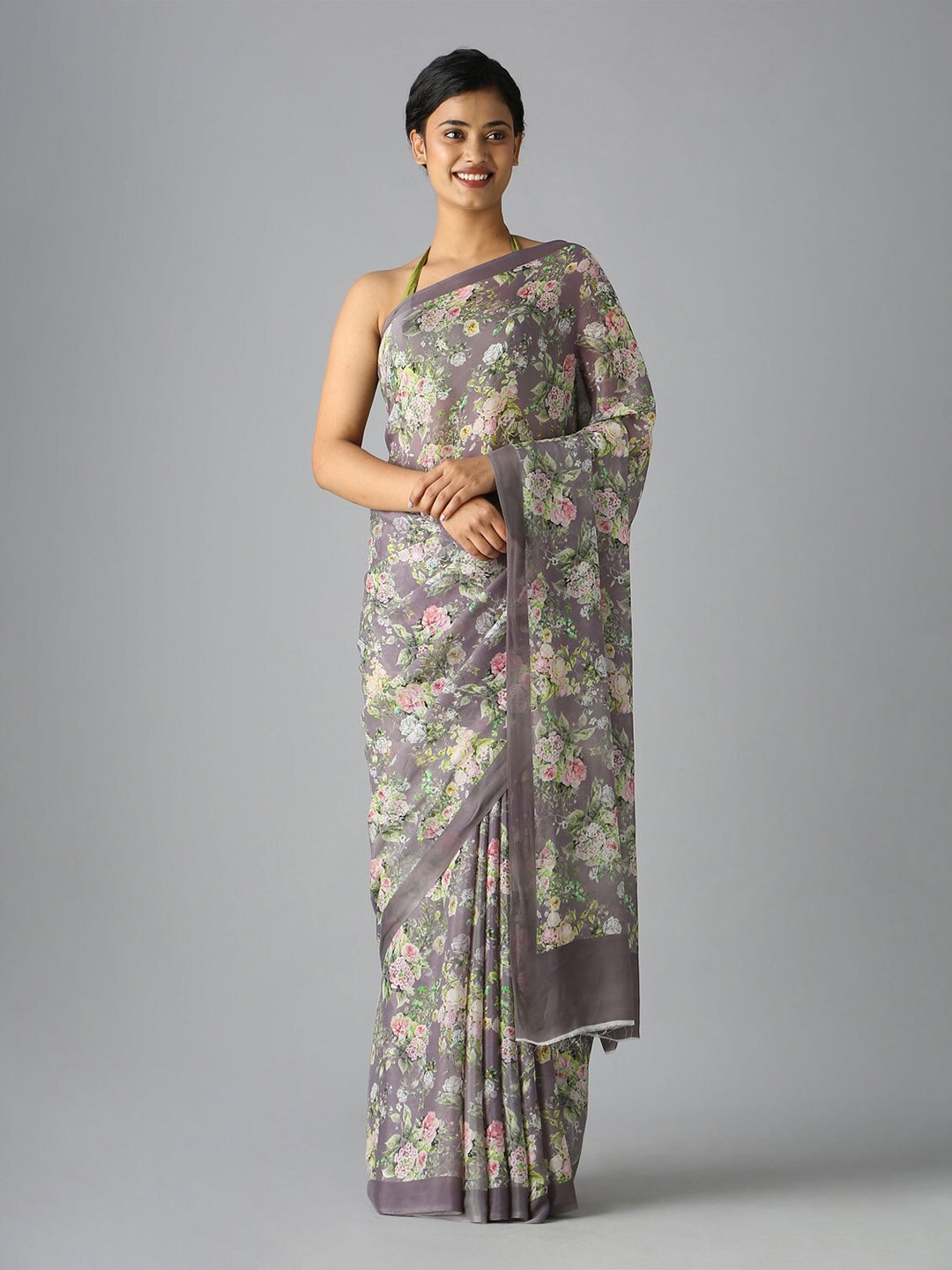 

Taneira Floral Printed Saree, Grey