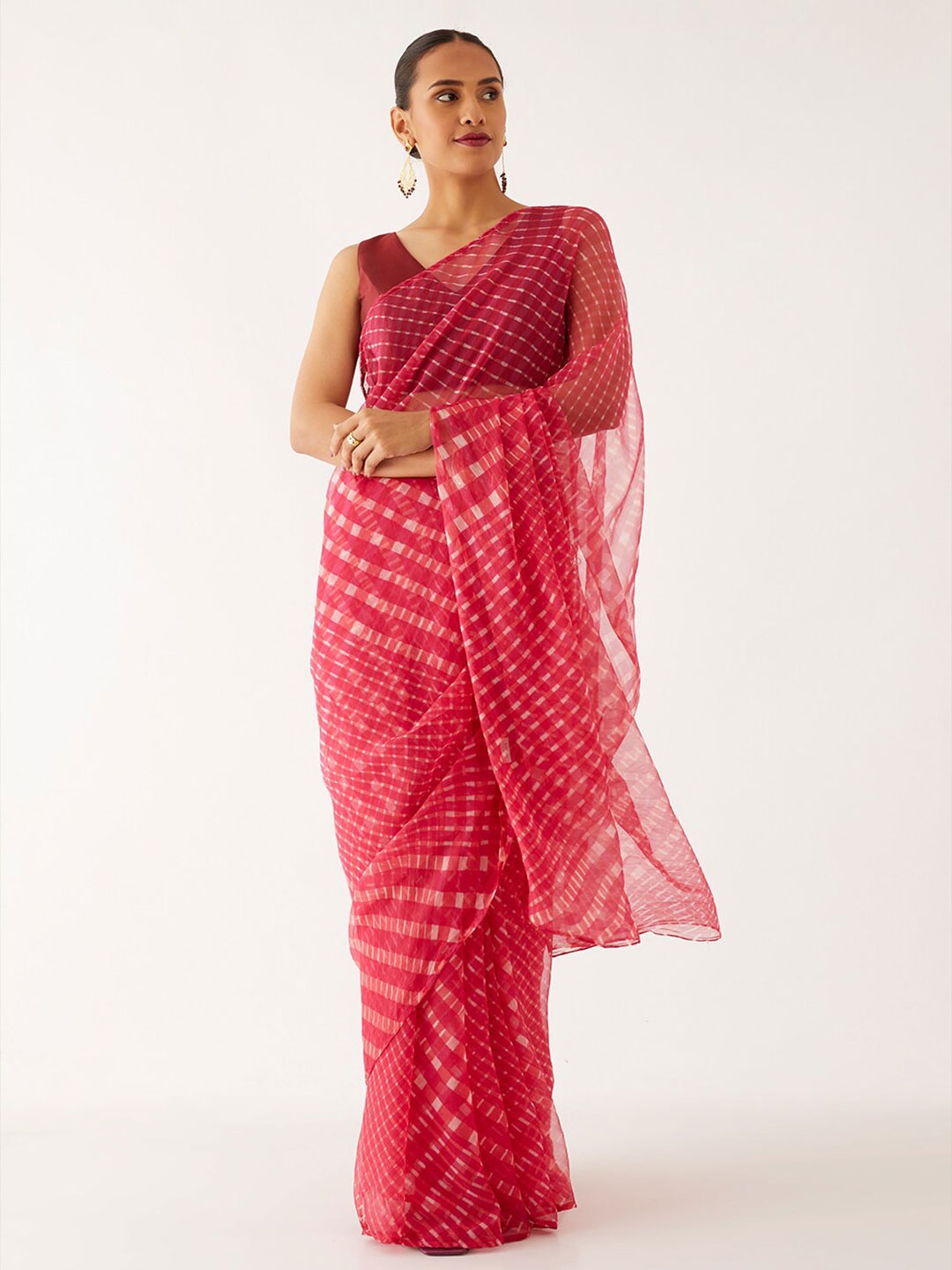 

Taneira Checked Pure Georgette Saree, Pink