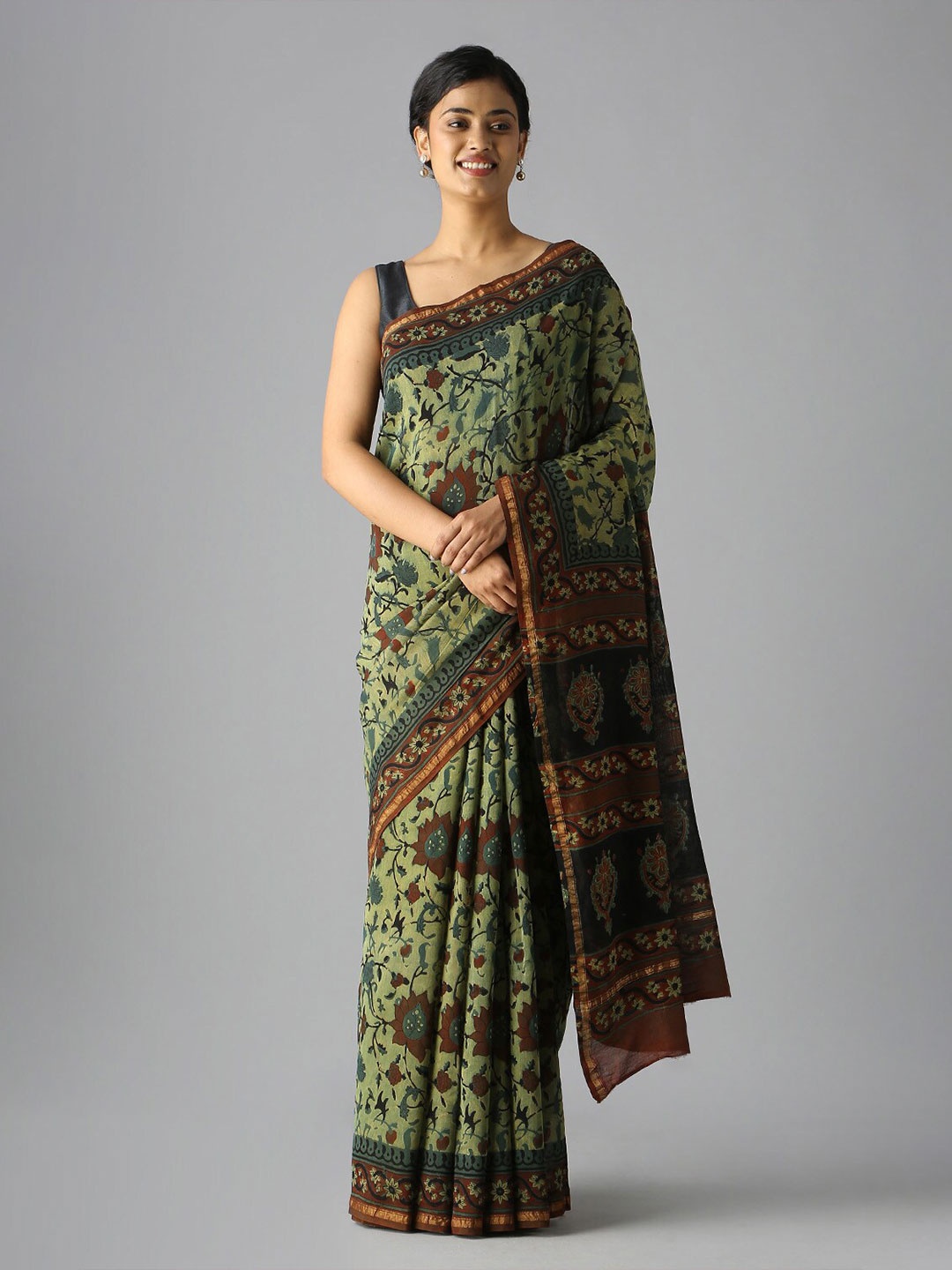 

Taneira Floral Printed Silk Cotton Bagru Saree, Green
