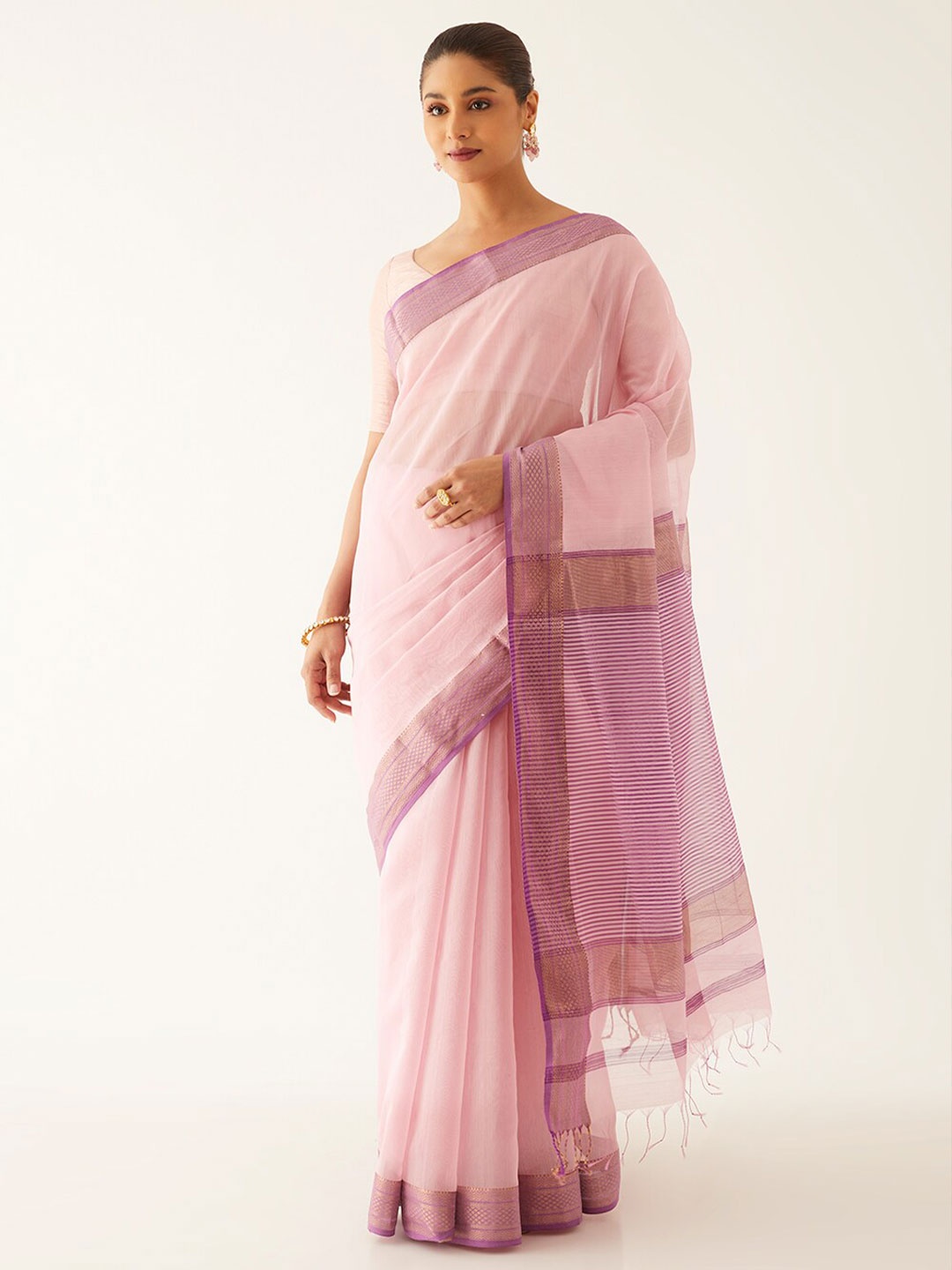 

Taneira Zari Silk Cotton Maheshwari Saree, Pink