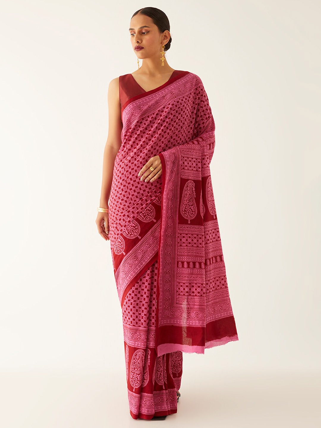 

Taneira Ethnic Printed Pure Cotton Bagh Saree, Pink