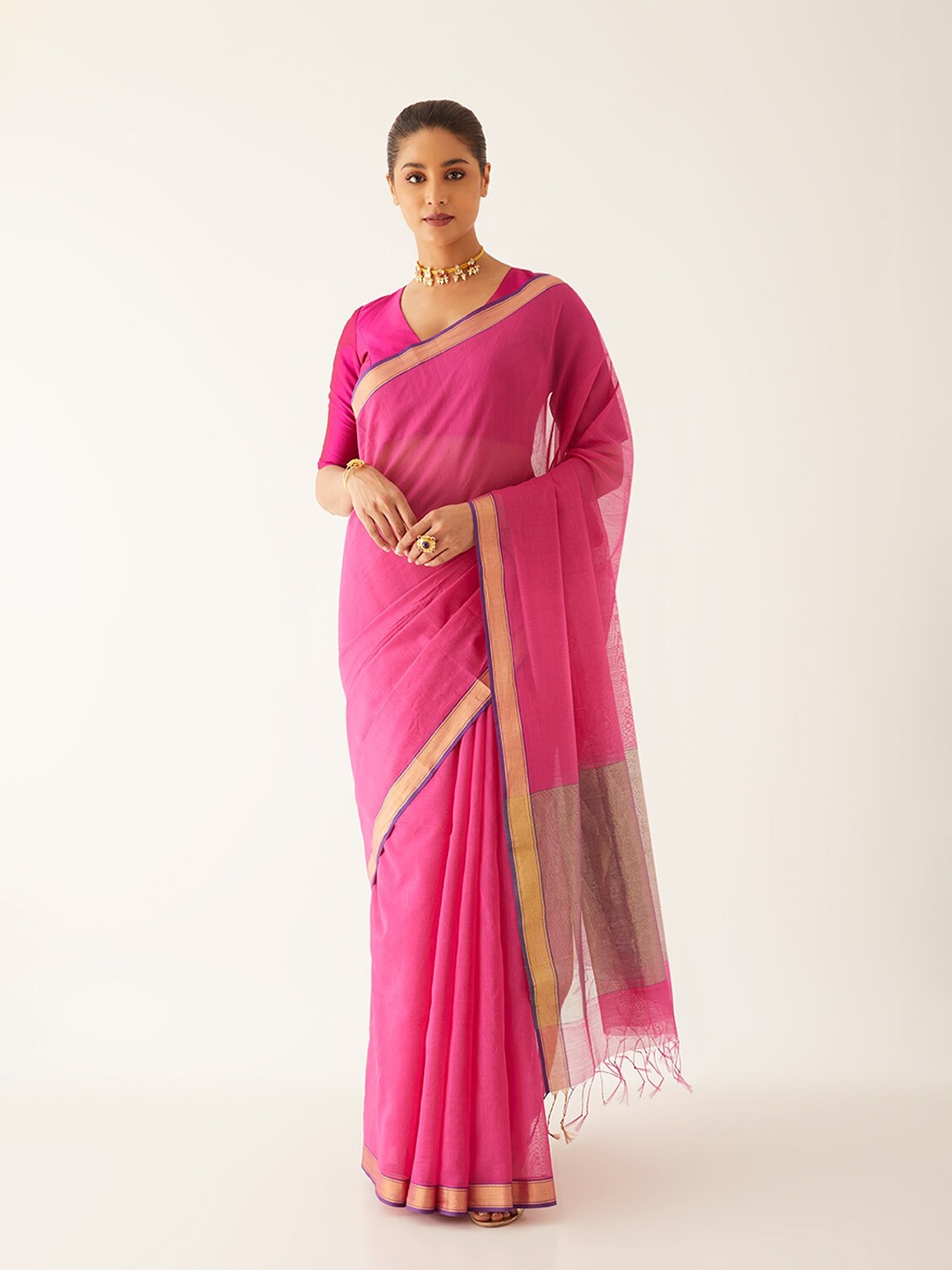 

Taneira Zari Silk Cotton Chanderi Saree, Pink