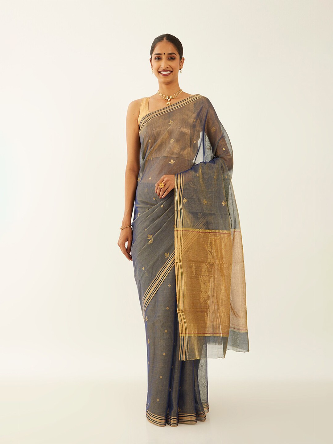 

Taneira Floral Woven Design Tissue Chanderi Saree, Blue