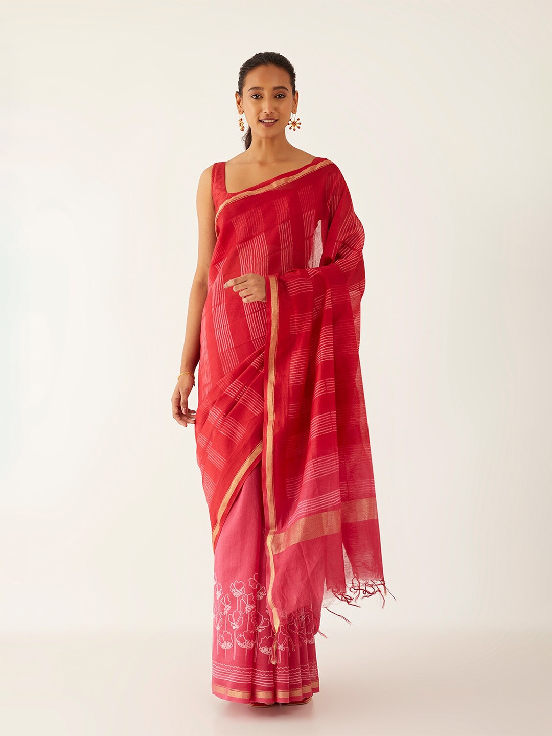 

Taneira Striped Zari Silk Cotton Saree, Pink