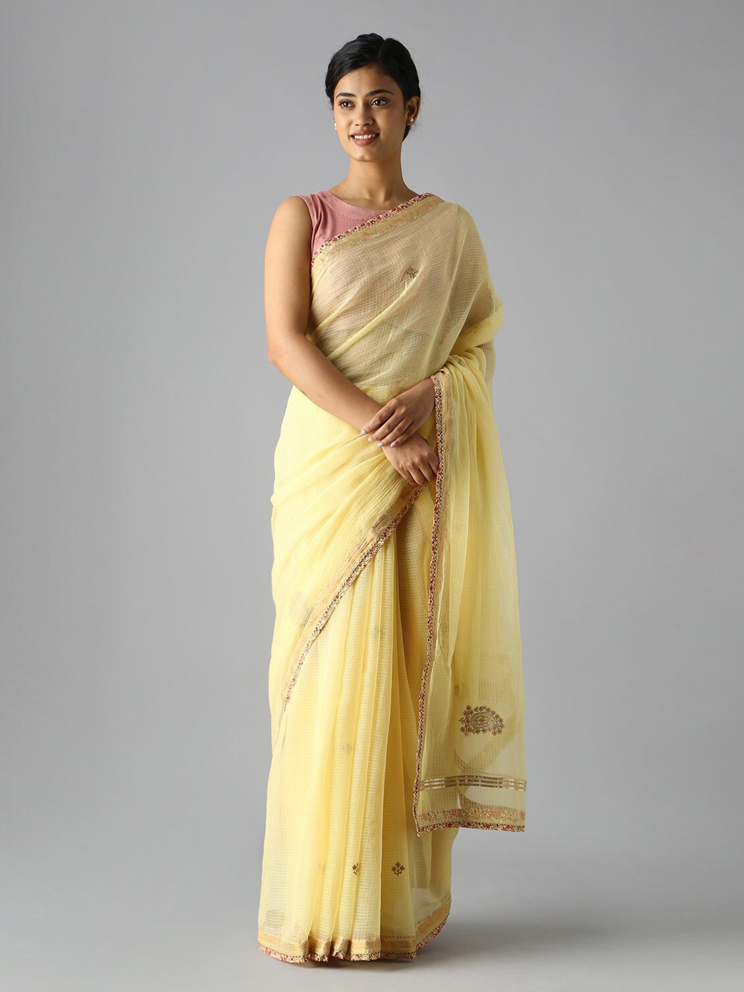 

Taneira Floral Embroidered Pure Silk Saree, Yellow