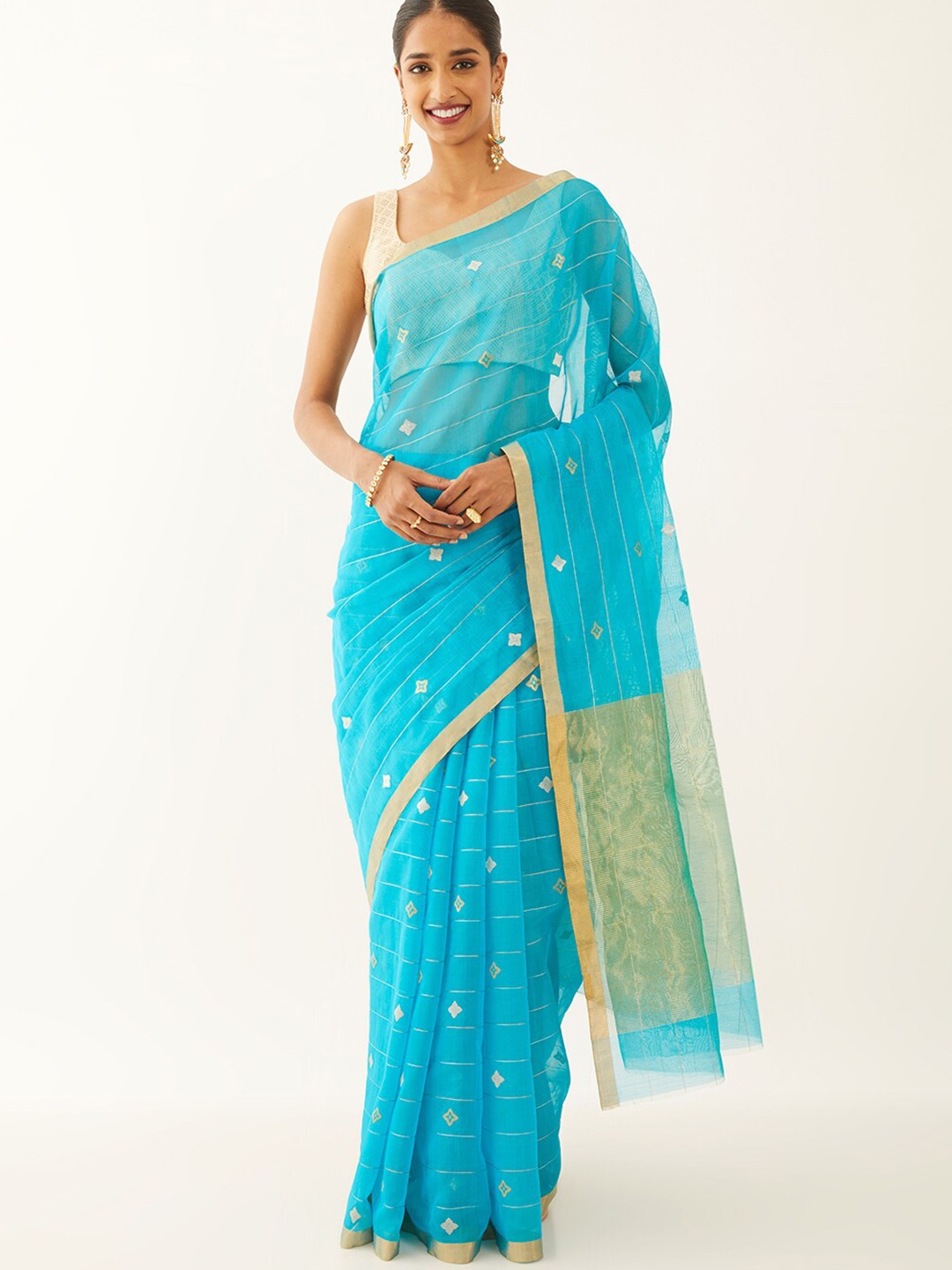 Taneira Ethnic Woven Design Zari Silk Cotton Chanderi Saree, Blue