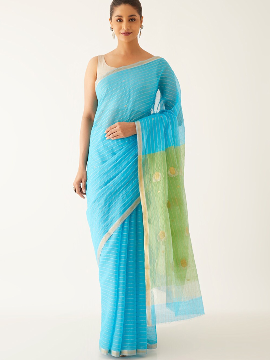 

Taneira Striped Zari Silk Cotton Chanderi Saree, Blue