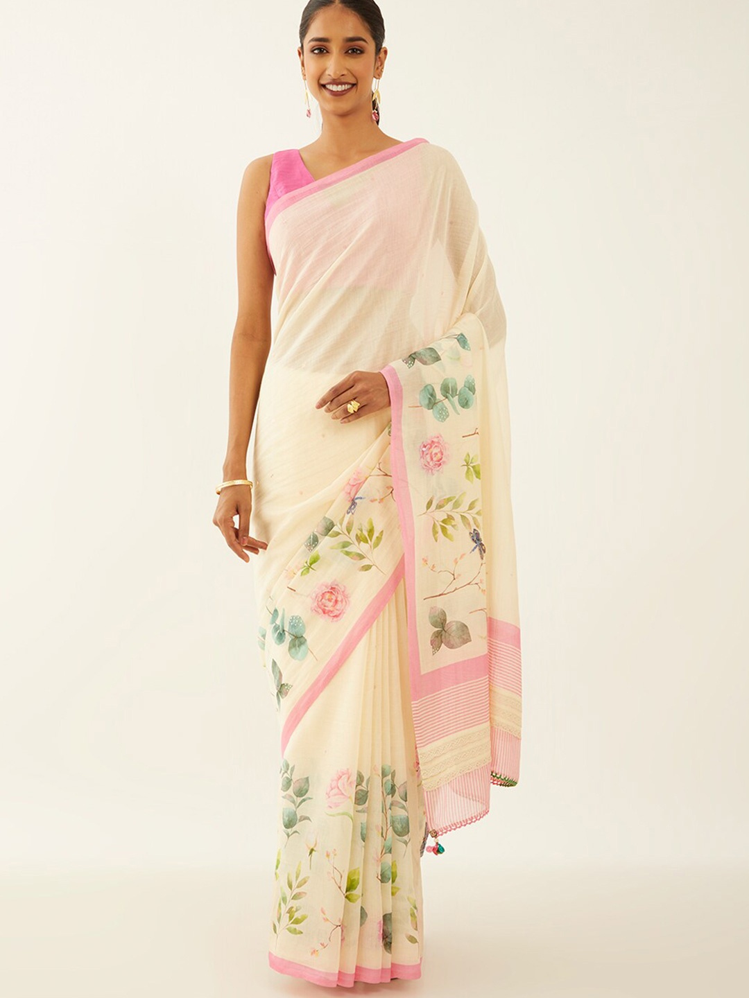 

Taneira Floral Printed Silk Cotton Saree, Beige