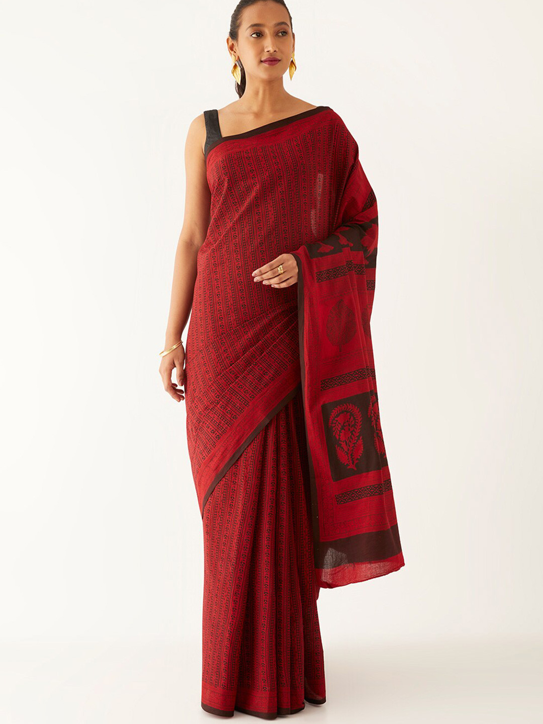 

Taneira Ethnic Motifs Printed Pure Cotton Bagh Saree, Red