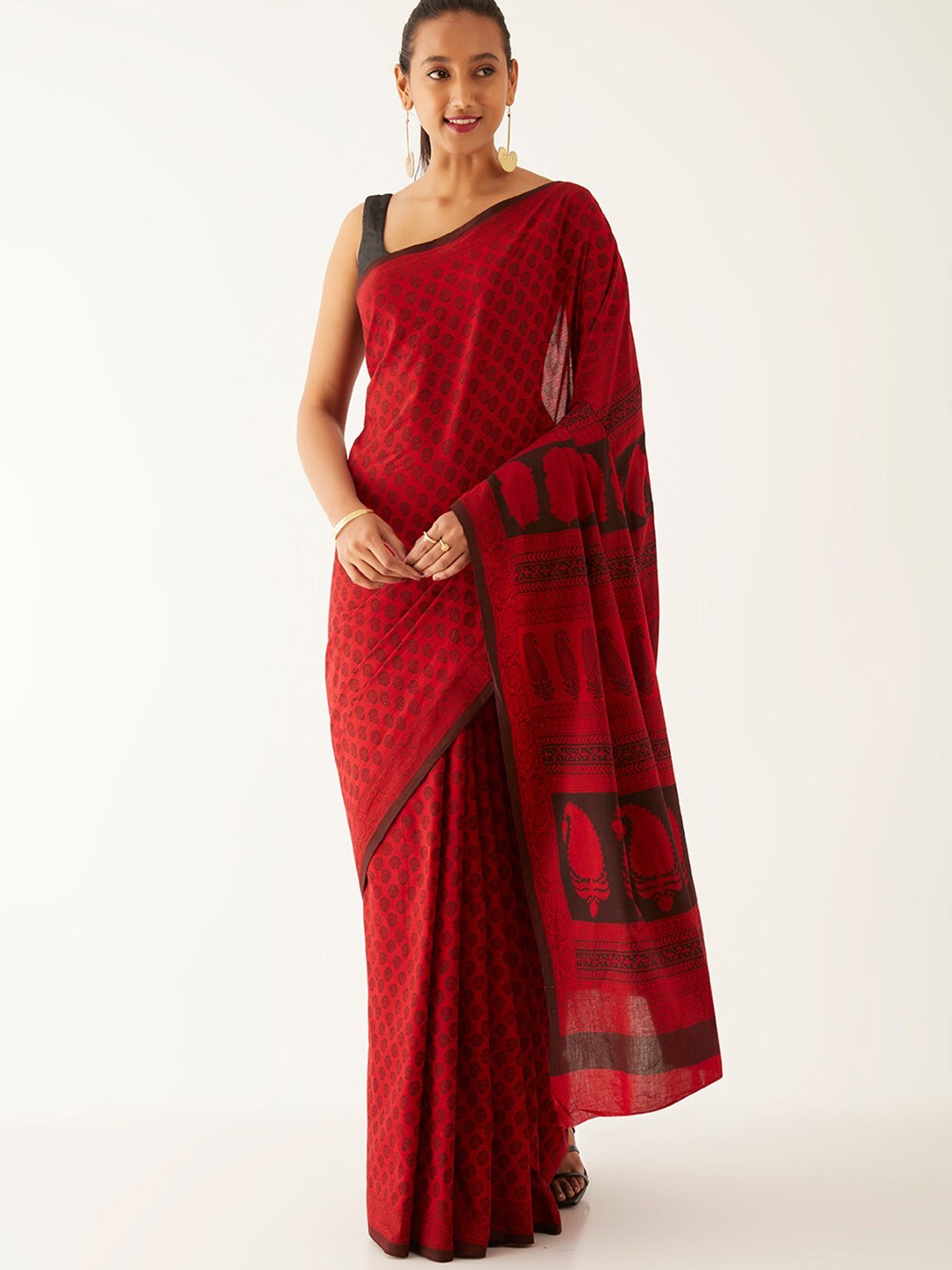 

Taneira Ethnic Motifs Printed Pure Cotton Bagh Saree, Red