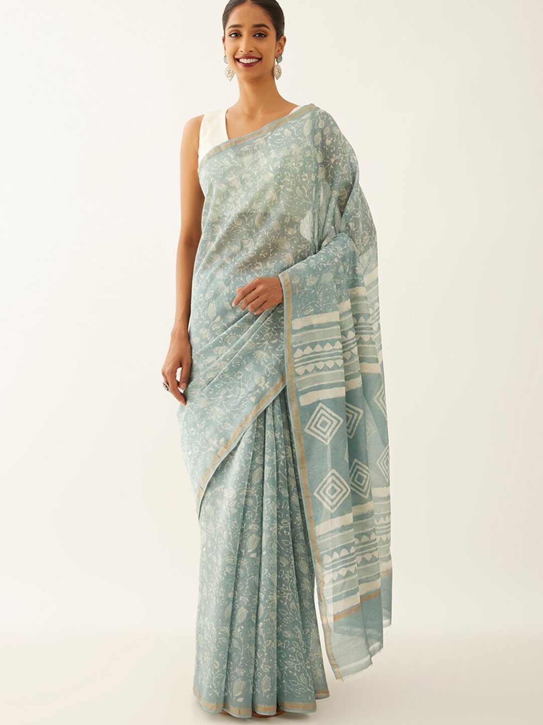 Taneira Floral Printed Zari Silk Cotton Bagru Saree, Grey