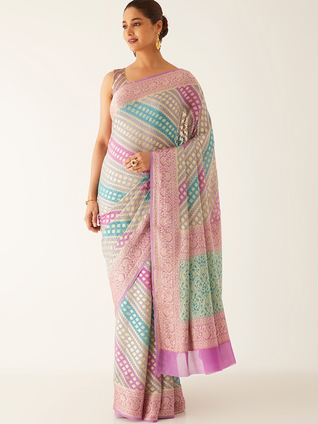 

Taneira Woven Design Zari Pure Georgette Banarasi Saree, Pink