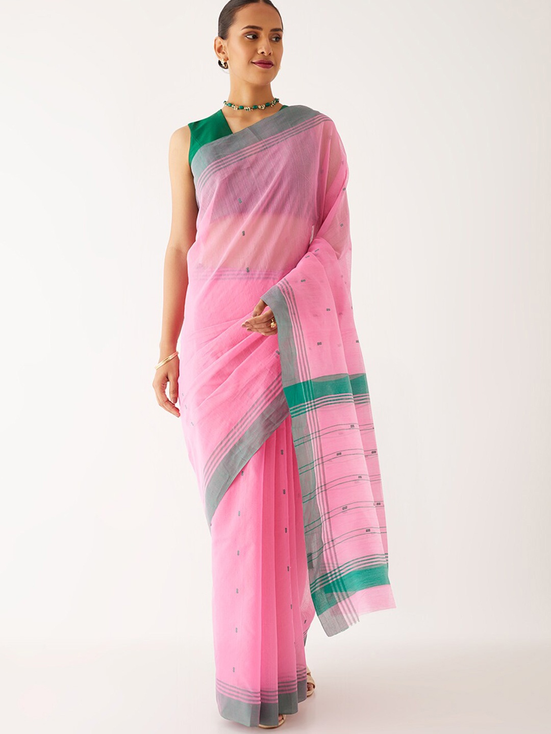 

Taneira Ethnic Motif Woven Design Silk Cotton Chanderi Saree, Pink
