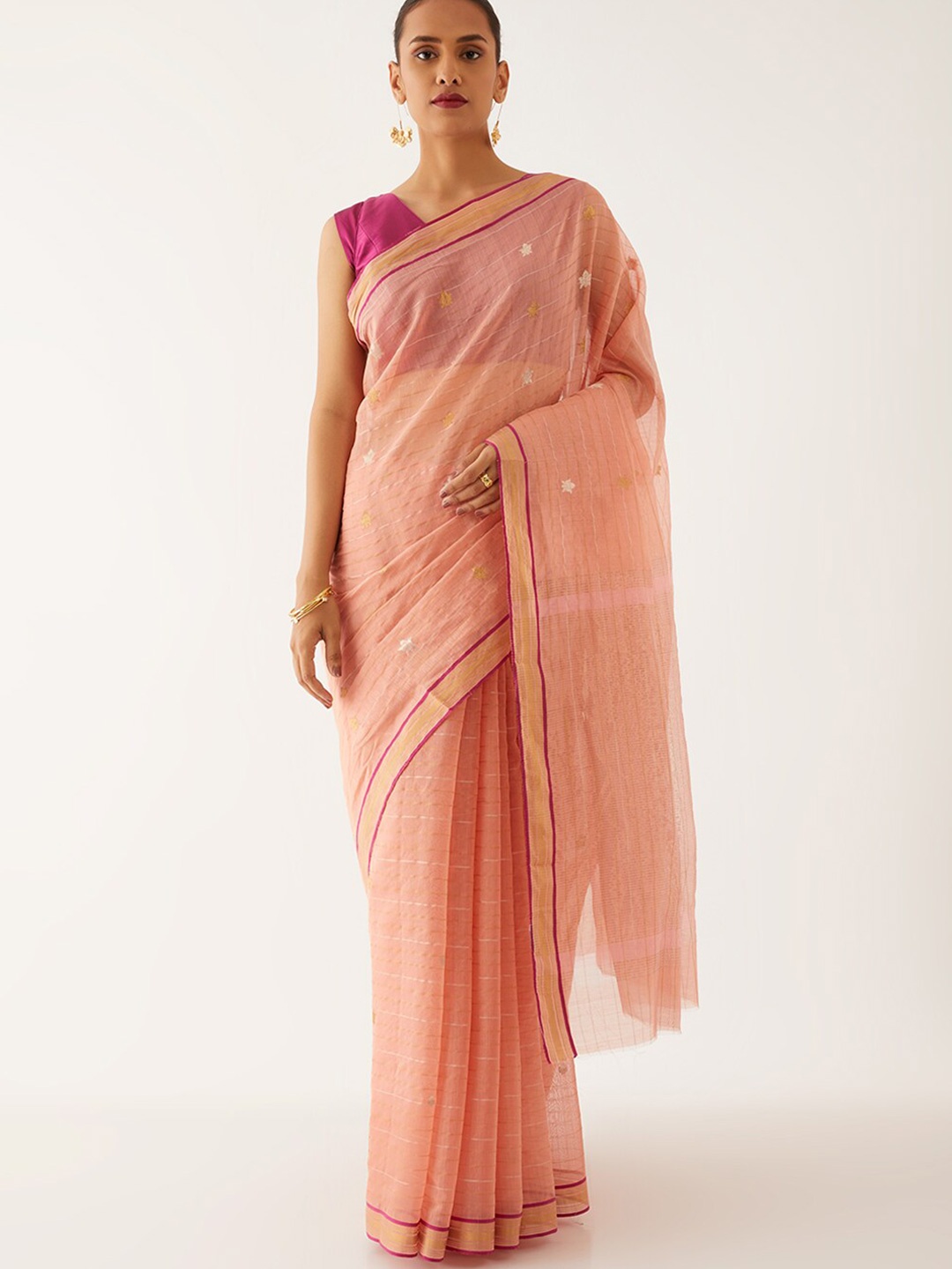 

Taneira Striped Zari Silk Cotton Chanderi Saree, Orange