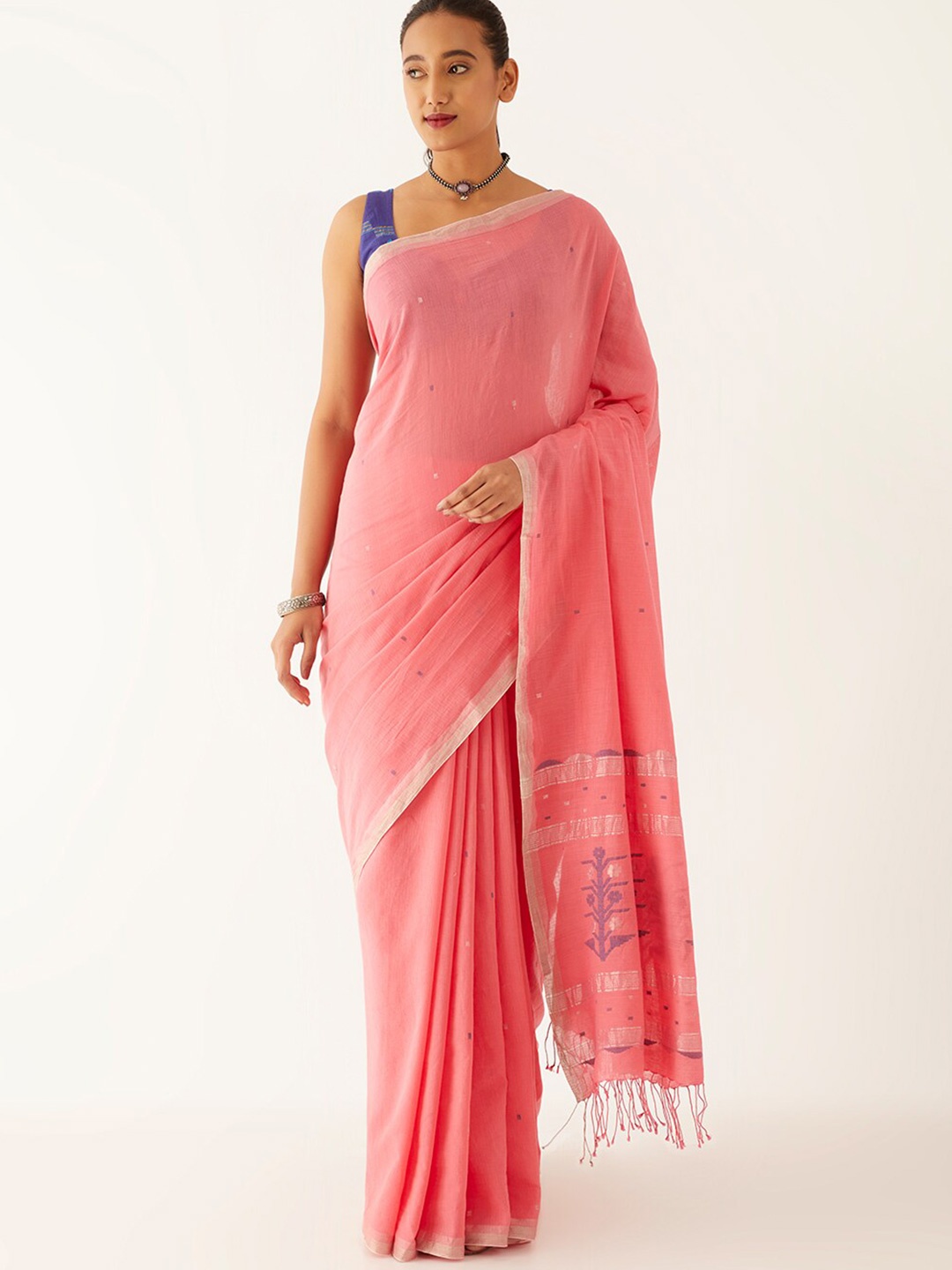

Taneira Geometric Woven Design Pure Cotton Jamdani Saree, Pink