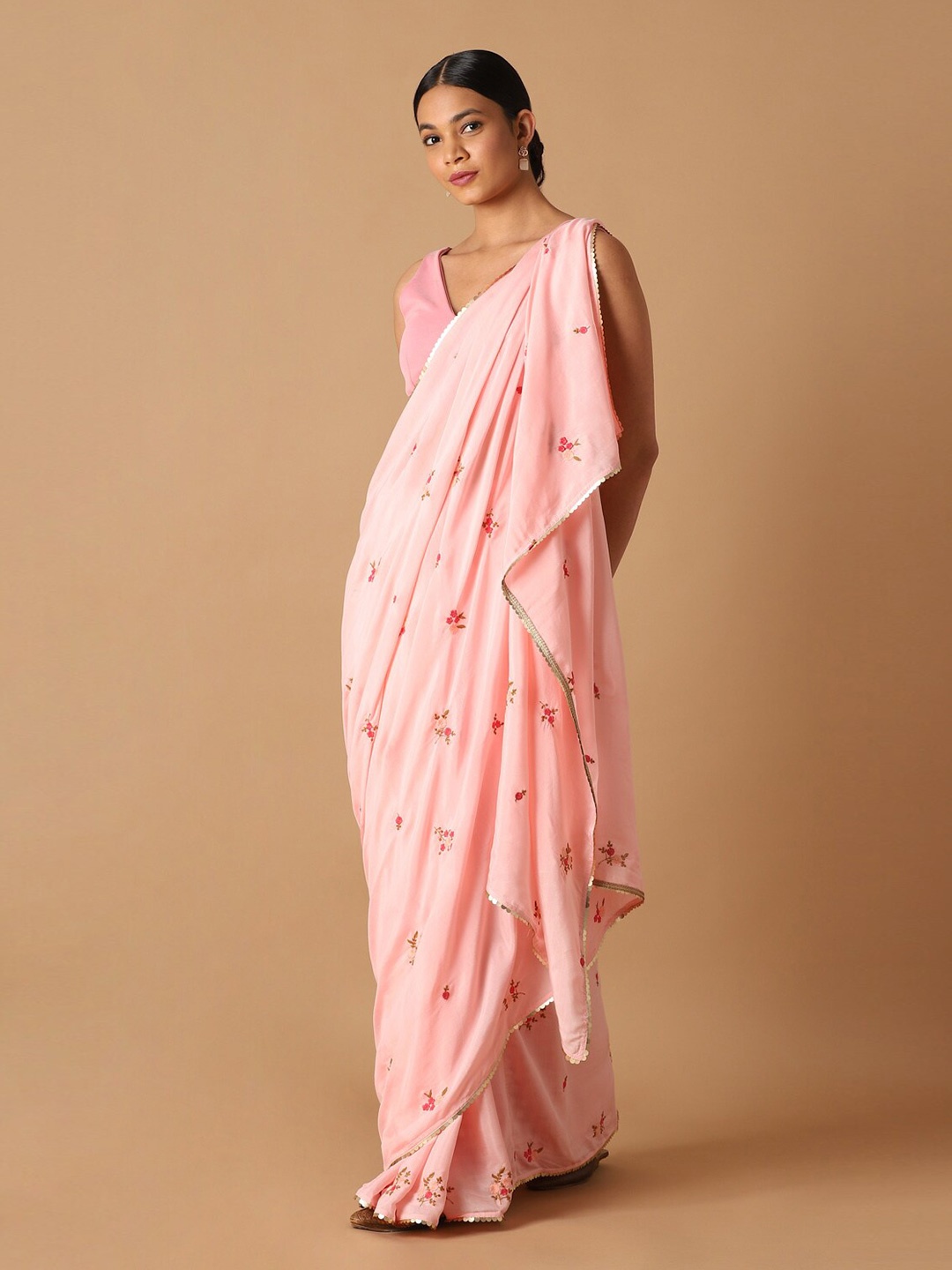 

Taneira Floral Embroidered Sequined Saree, Pink