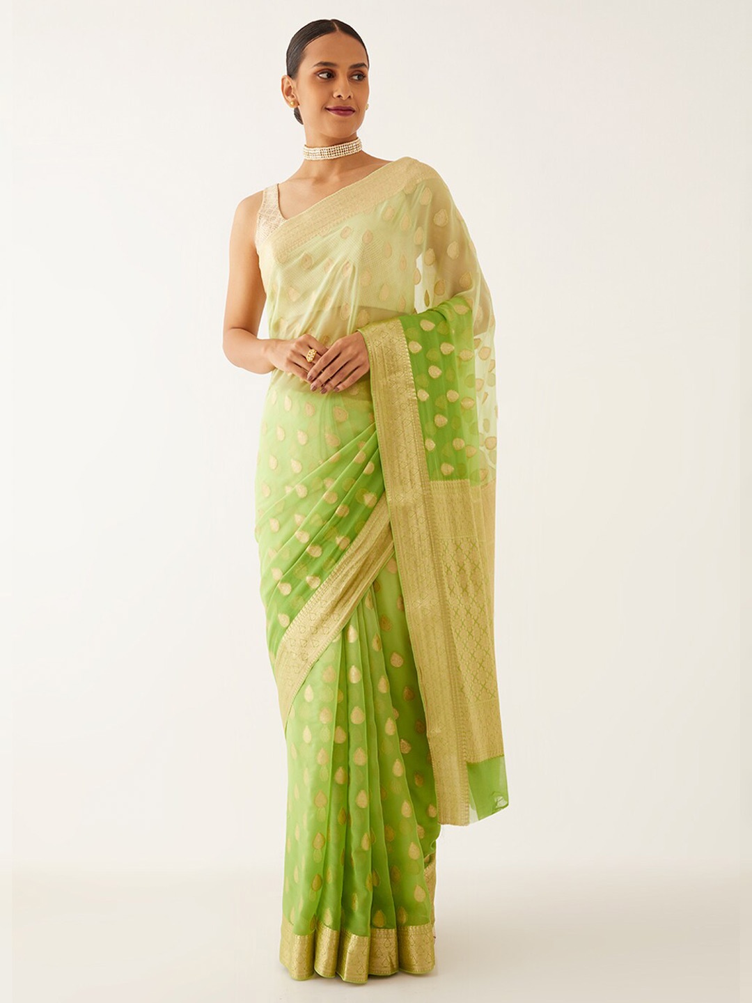 

Taneira Floral Printed Zari Pure Georgette Banarasi Saree, Green