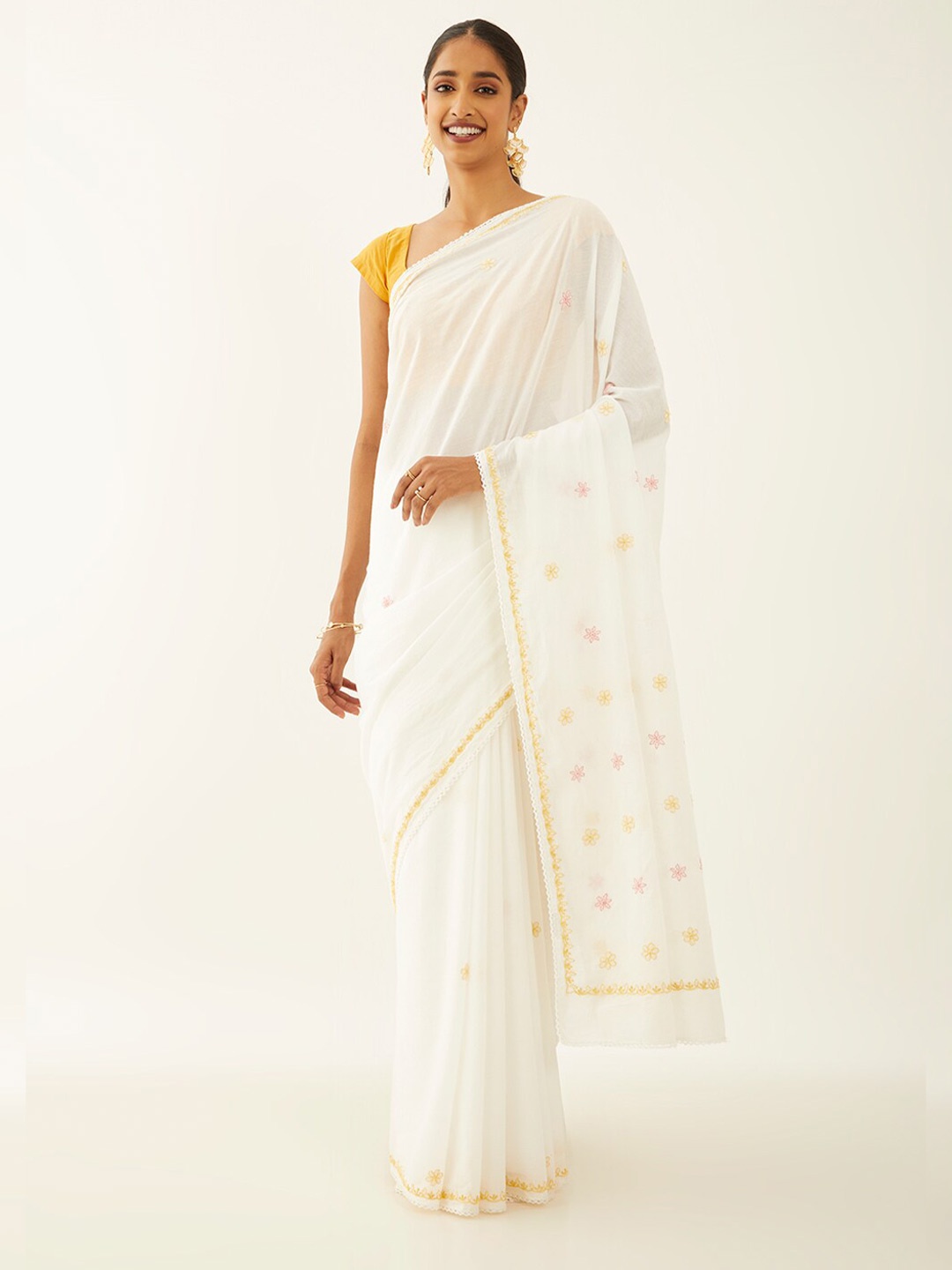

Taneira Floral Embroidered Pure Cotton Saree, White