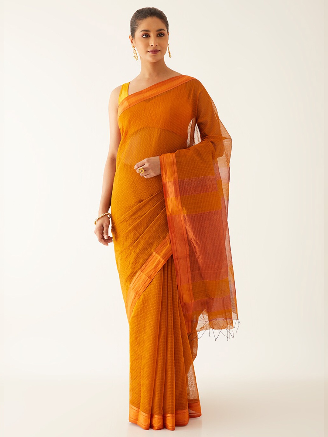 

Taneira Checked Silk Cotton Maheshwari Saree, Yellow