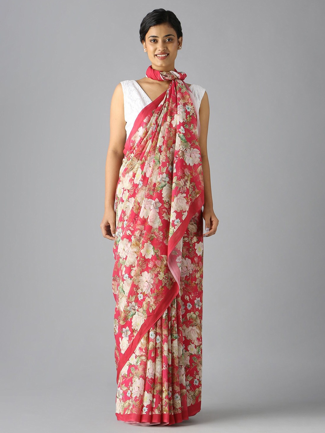 Taneira Floral Printed Saree, Pink