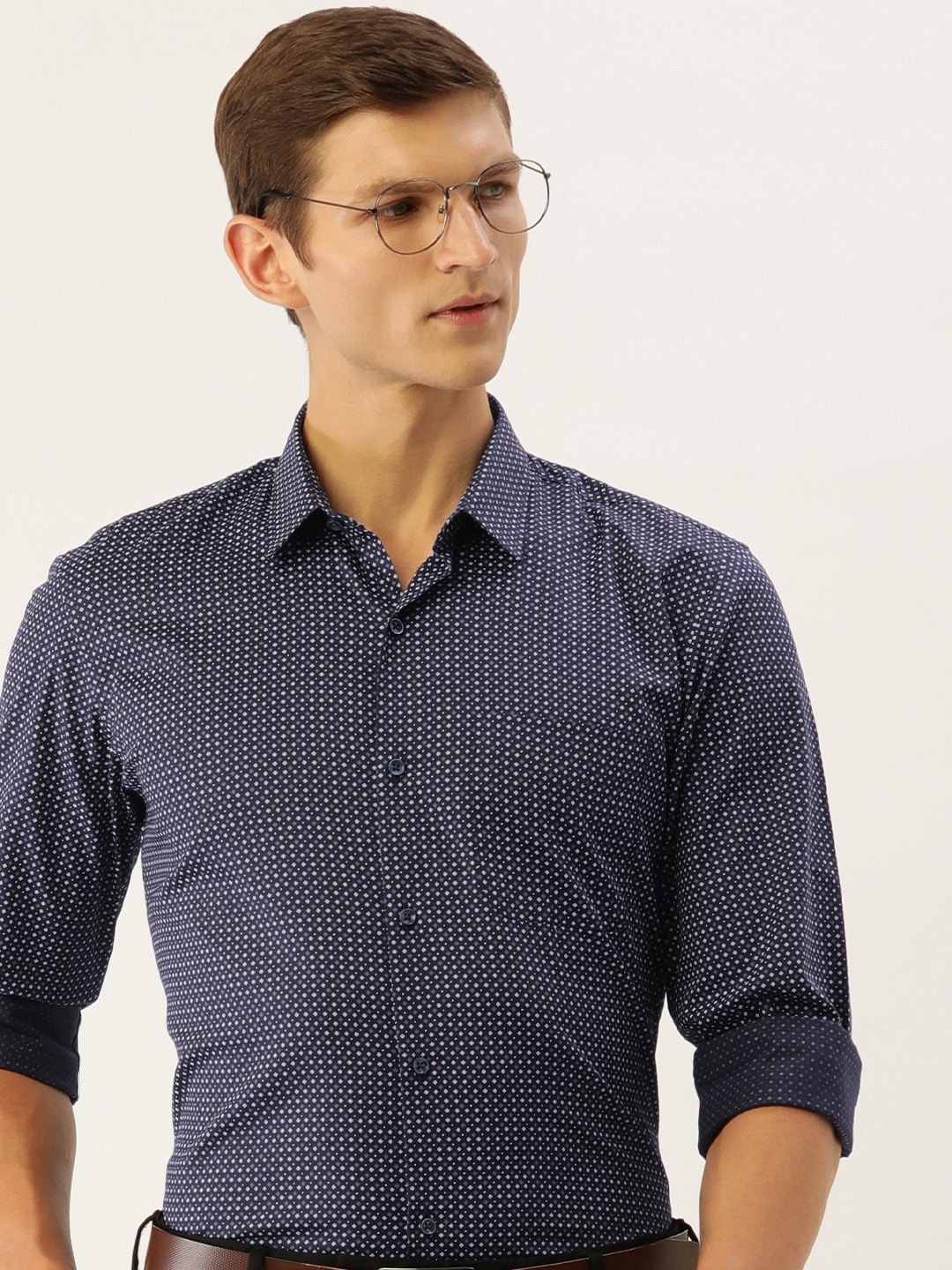 

Peter England Men Pure Cotton Slim Fit Printed Formal Shirt, Navy blue