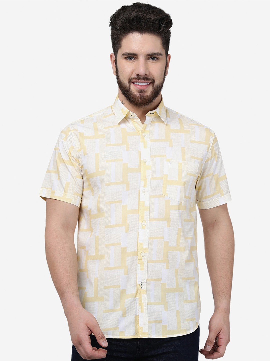 

Greenfibre Slim Fit Opaque Geometric Printed Casual Pure Cotton Shirt, Yellow