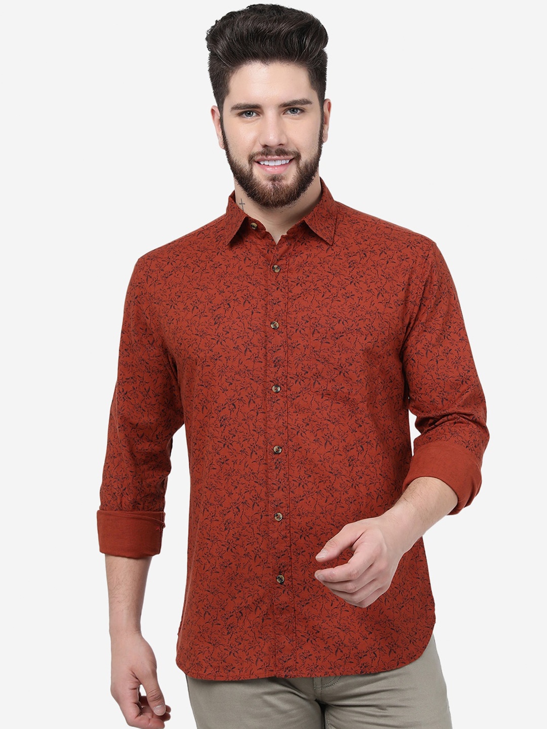 

Greenfibre Slim Fit Floral Printed Casual Pure Cotton Shirt, Rust