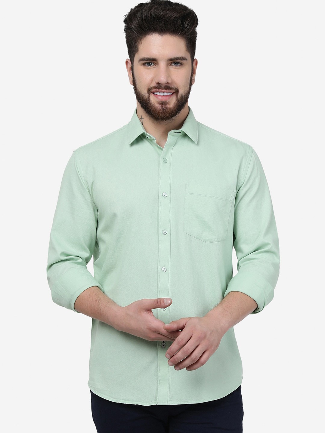 

Greenfibre Slim Fit Spread Collar Casual Pure Cotton Shirt, Green