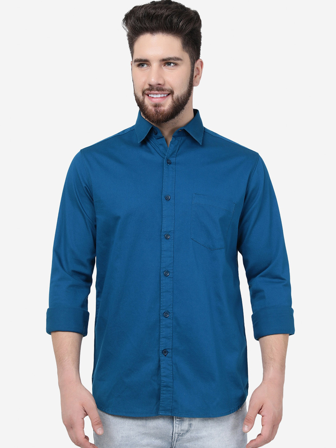 

JADE BLUE Spread Collar Slim Fit Cotton Casual Shirt