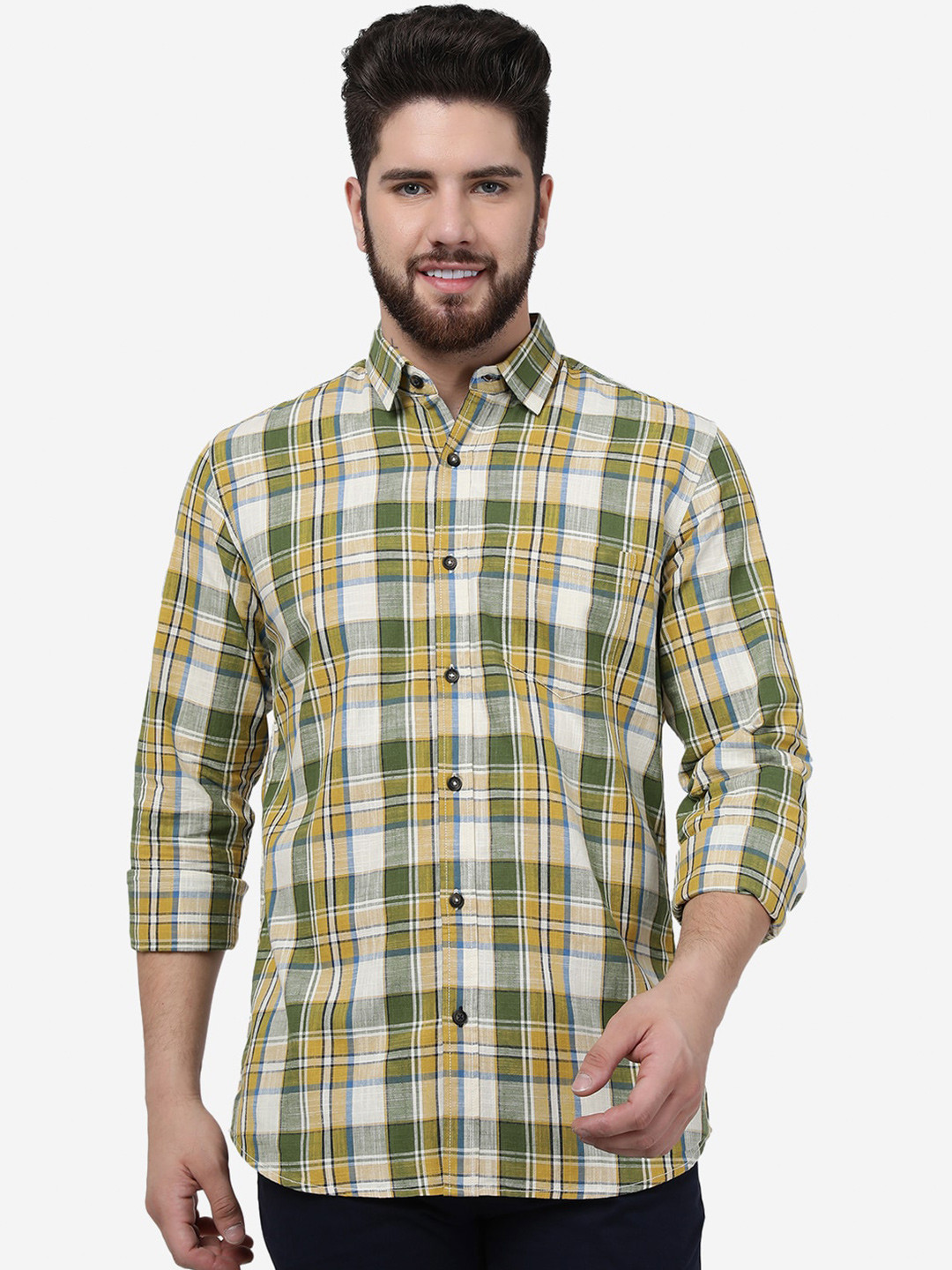 

JADE BLUE Slim Fit Checked Cotton Casual Shirt, Yellow