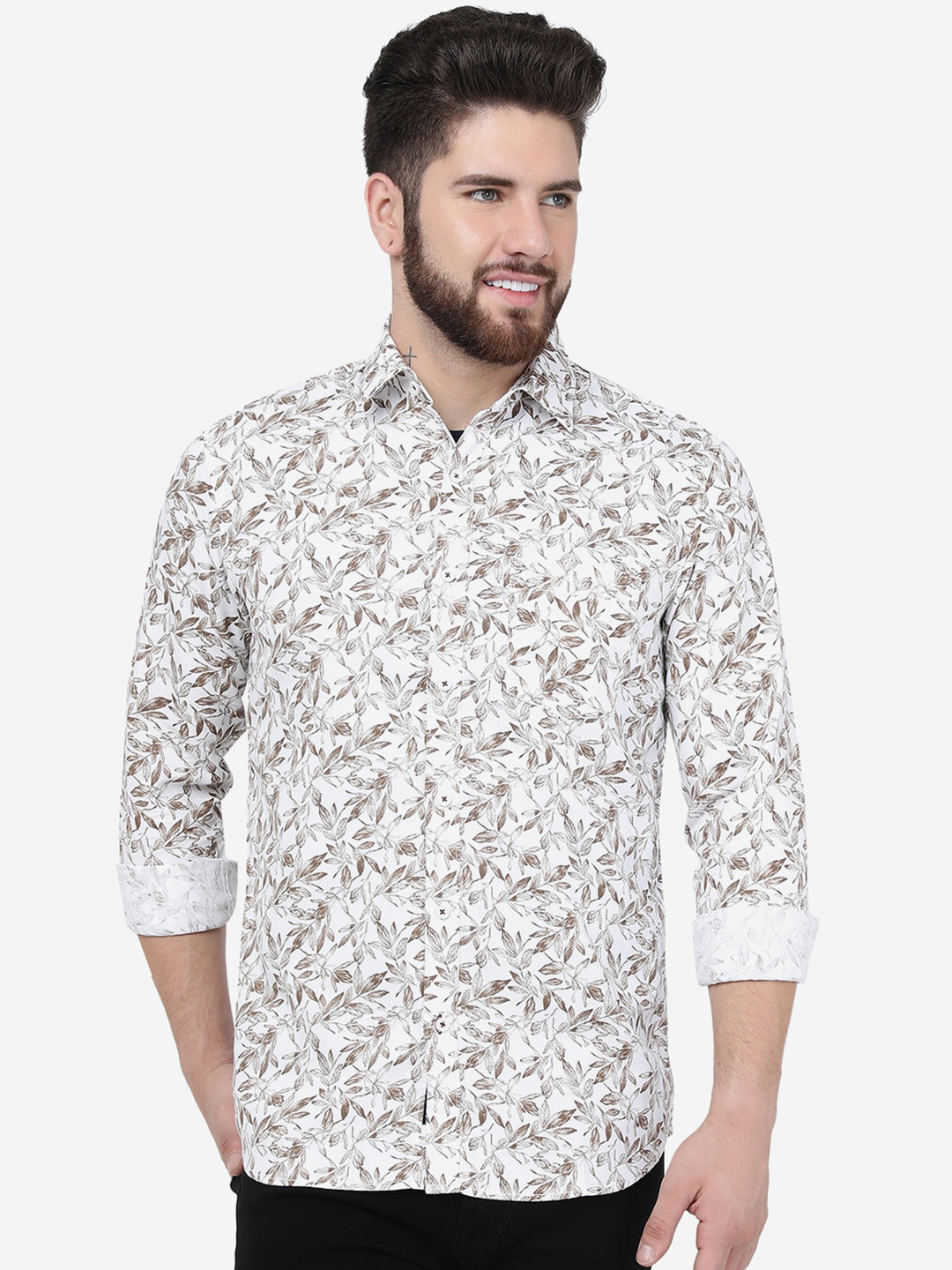 

JADE BLUE Slim Fit Tropical Printed Cotton Casual Shirt, White