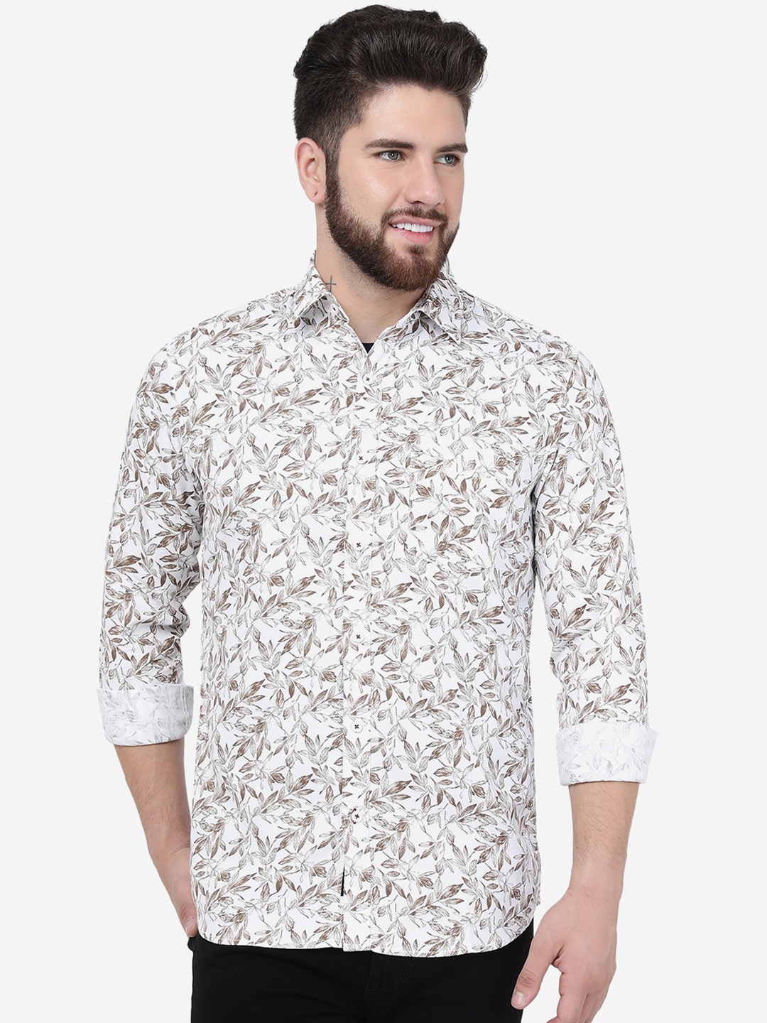 

JADE BLUE Tropical Printed Slim Fit Cotton Casual Shirt, White