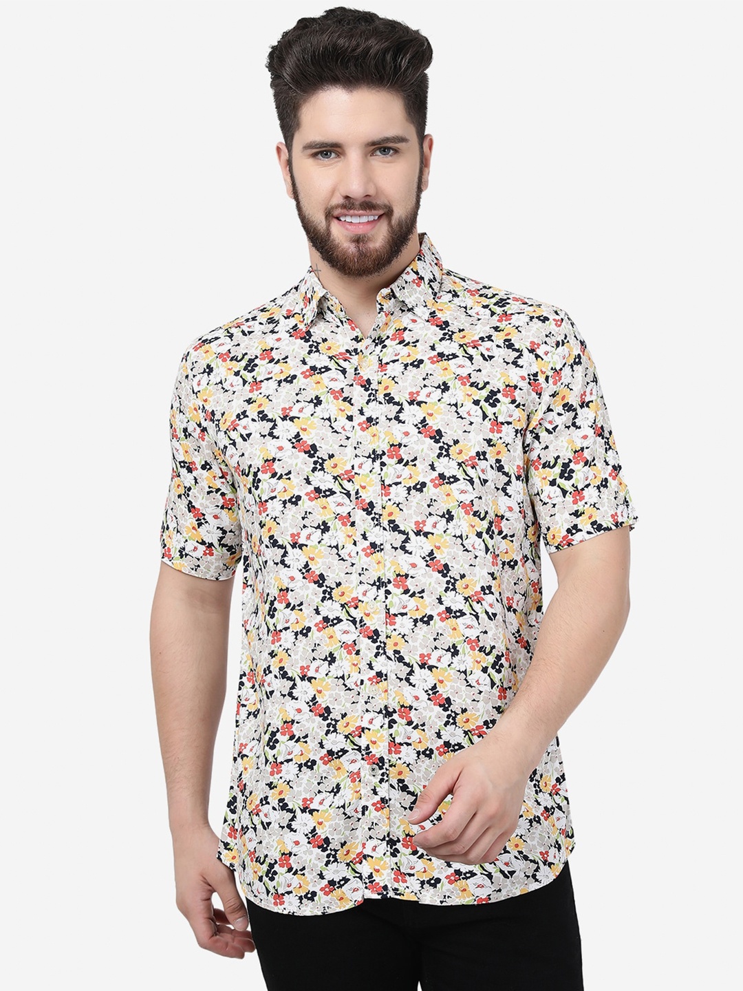 

JADE BLUE Floral Printed Slim Fit Cotton Casual Shirt, White