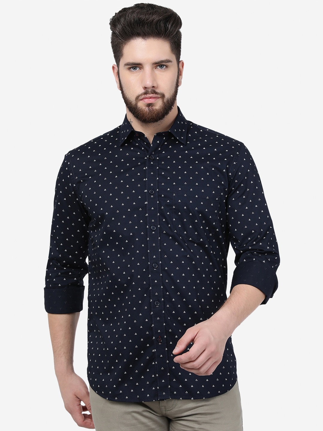 

JADE BLUE Micro Ditsy Printed Slim Fit Cotton Casual Shirt, Navy blue