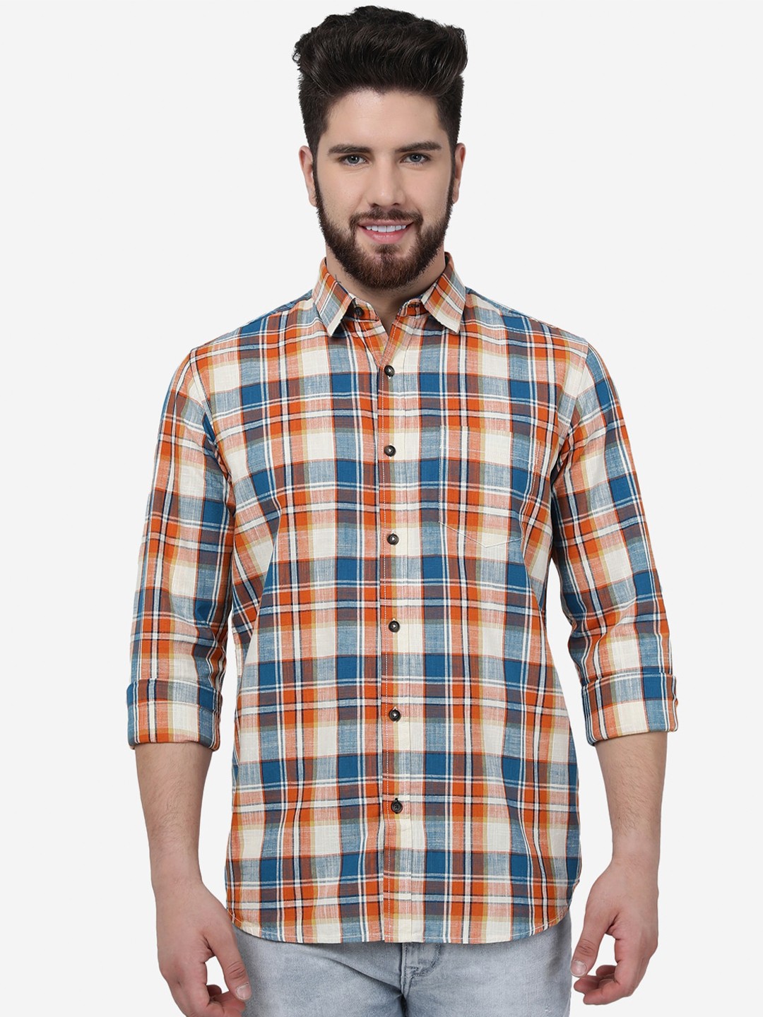 

JADE BLUE Checked Slim Fit Cotton Casual Shirt, Orange