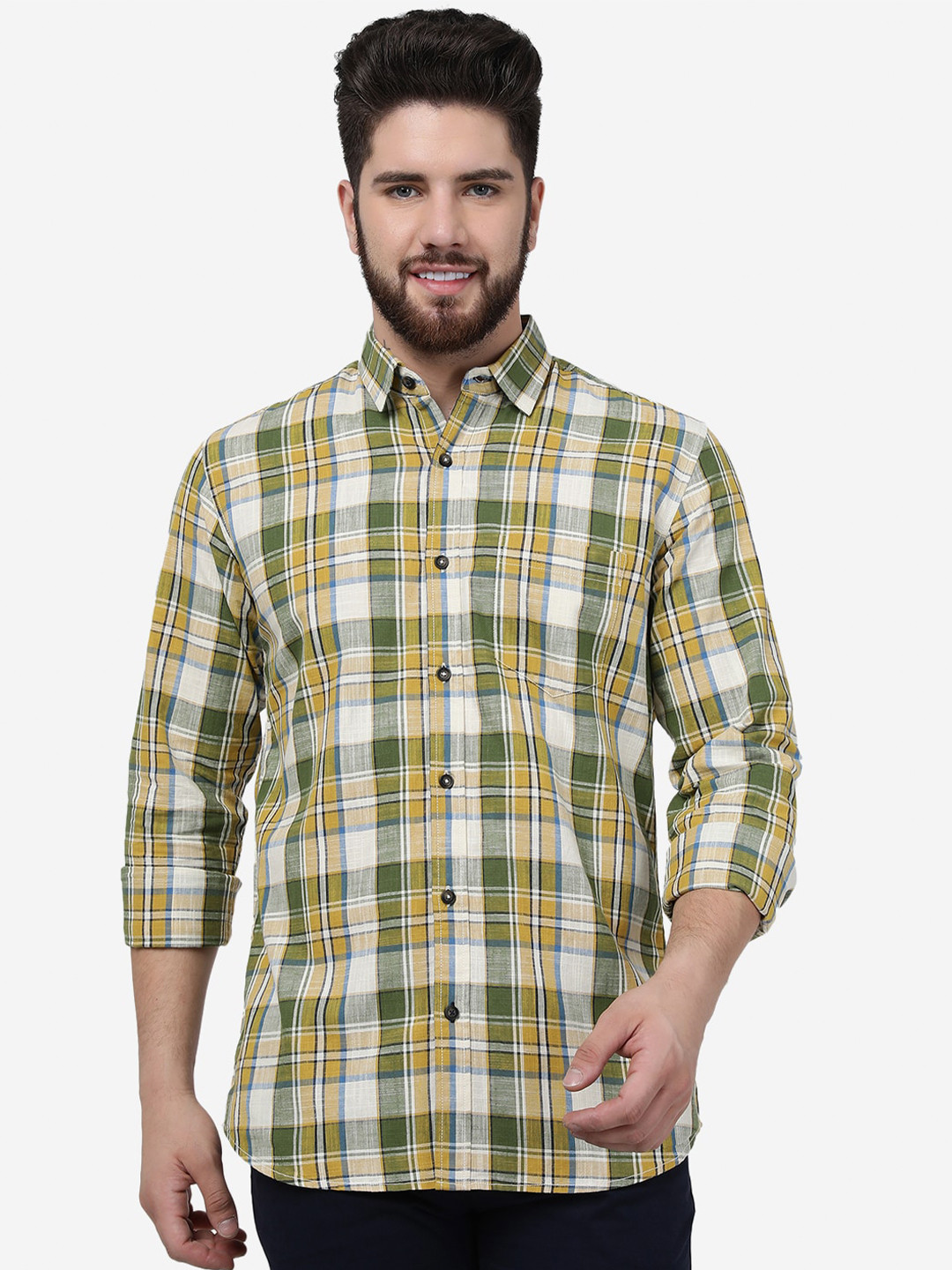 

JADE BLUE Checked Slim Fit Cotton Casual Shirt, Yellow