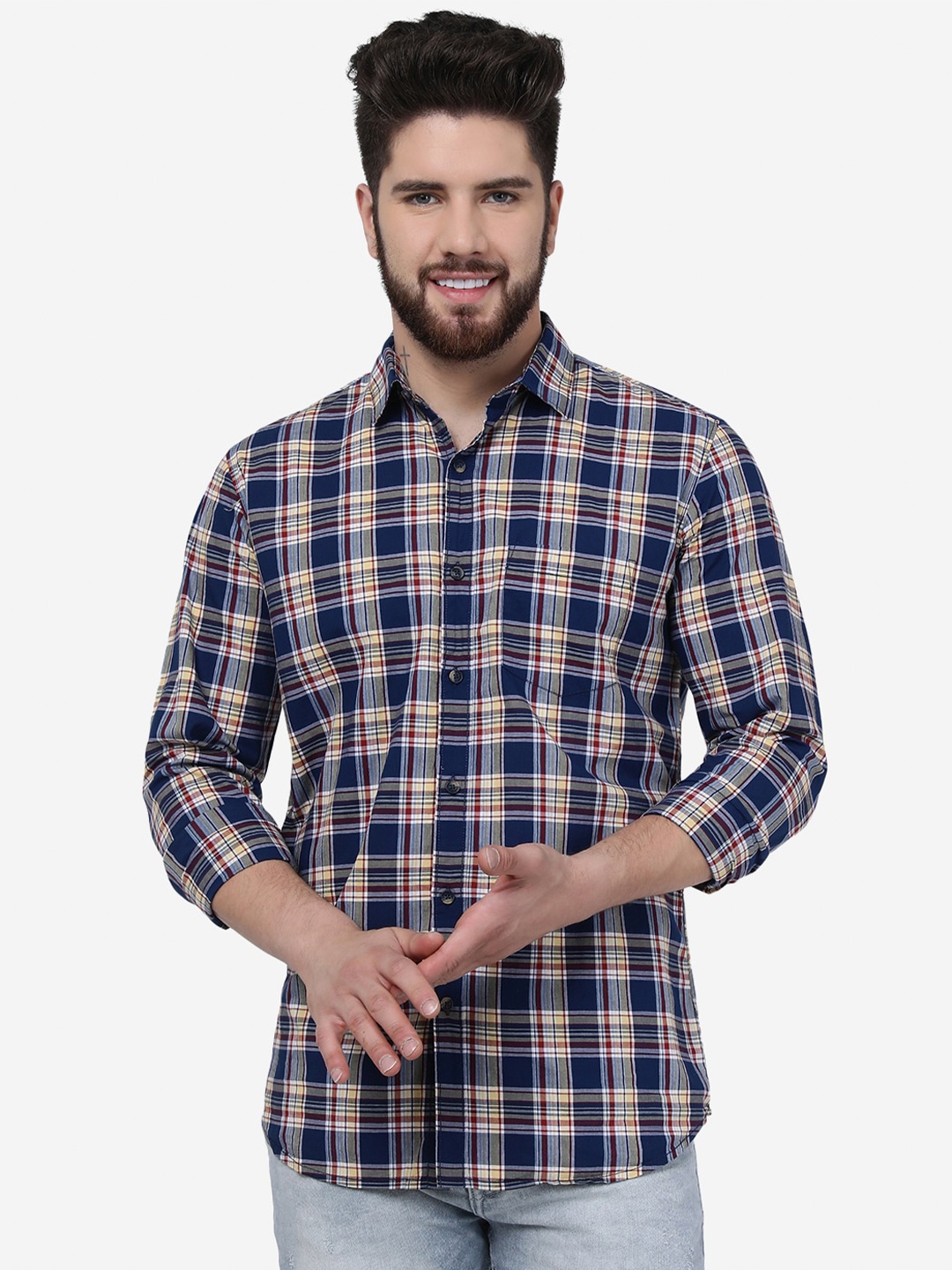 

JADE BLUE Checked Slim Fit Cotton Casual Shirt, Navy blue