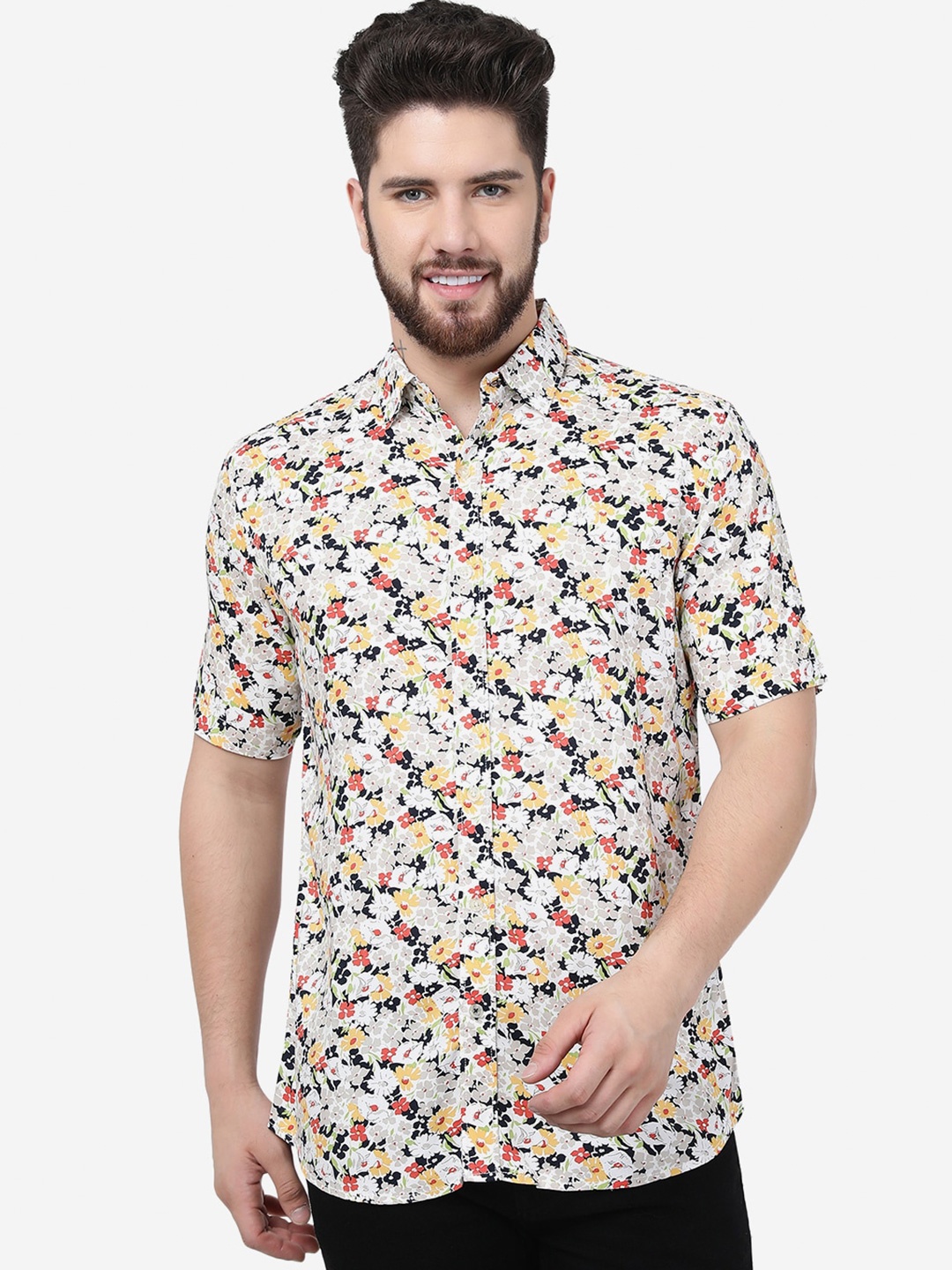 

JADE BLUE Floral Printed Slim Fit Cotton Casual Shirt, White