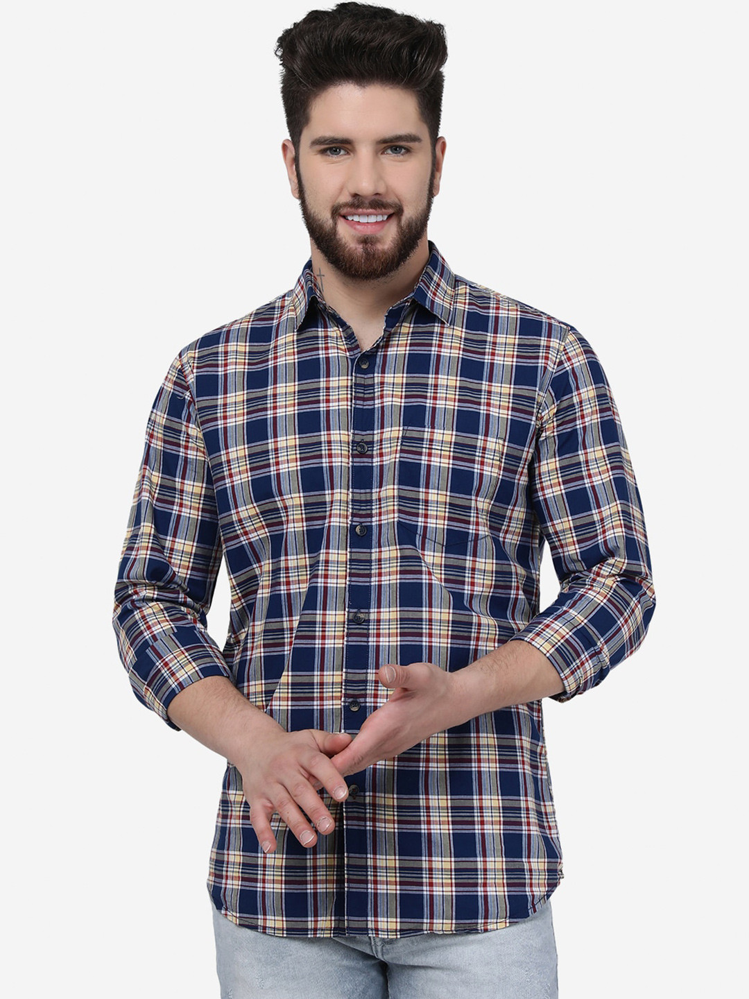 

JADE BLUE Tartan Checked Spread Collar Cotton Shirt, Navy blue