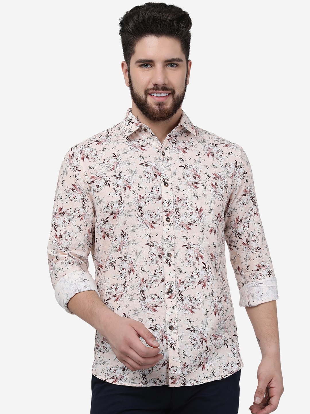 

JADE BLUE Floral Printed Spread Collar Cotton Casual Shirt, Green