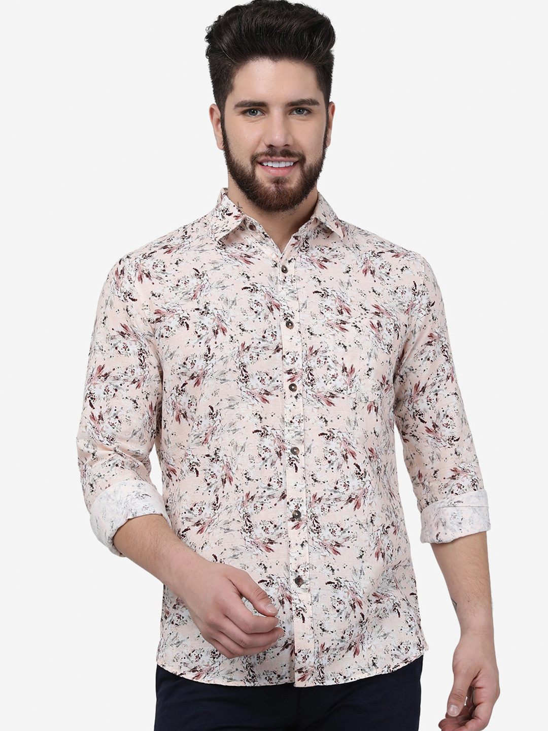 

JADE BLUE Floral Printed Spread Collar Cotton Casual Shirt, Green
